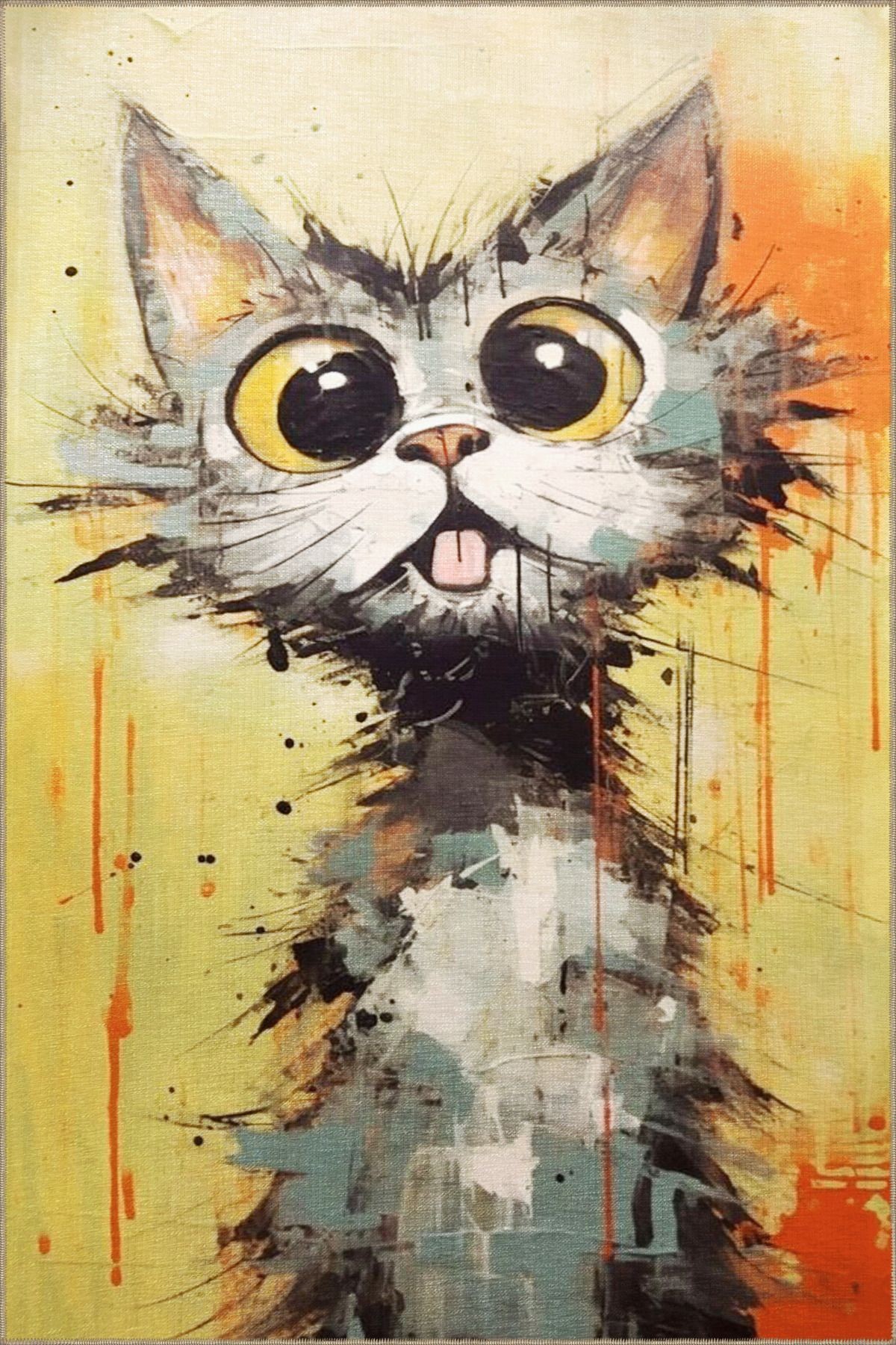Çok Renkli Sürrealist Tasarım Şaşkın Kedi Desenli Modern Dekoratif Halı 3471