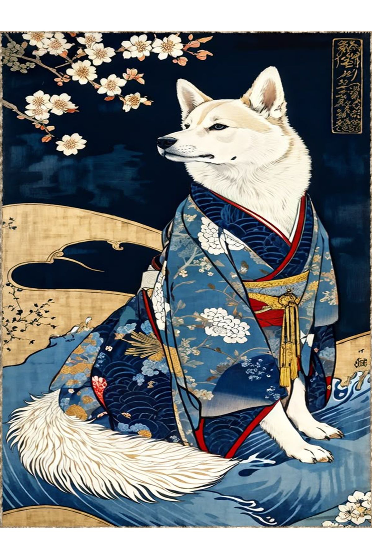 Tuğrul Koleksiyonu Soyut Tema Kimono Giyen Akita Köpek Desenli Dokuma Taban Modern Dekoratif Halı 39