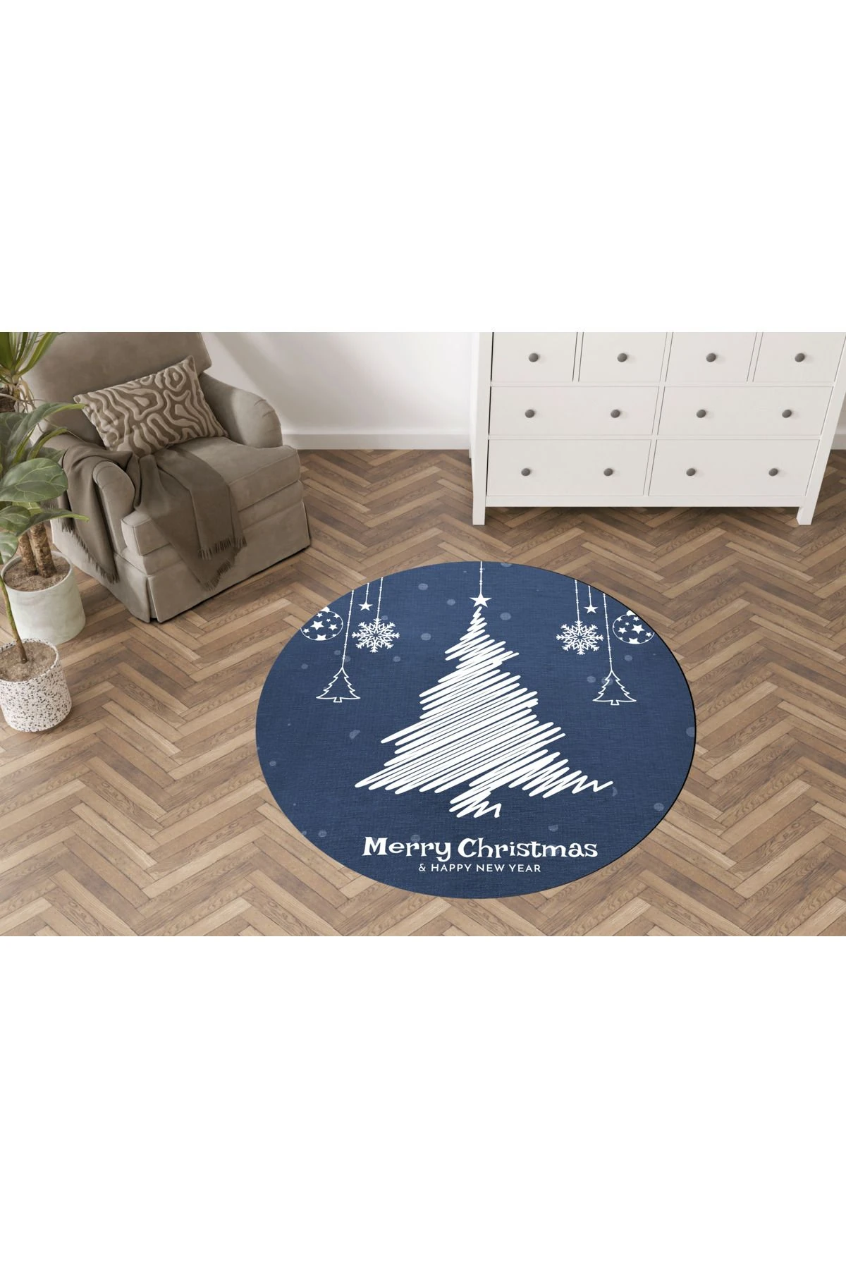Mavi Yılbaşı Temalı Ağaç Süs Desenli Modern Dokuma Taban Yuvarlak Dekoratif Halı 2247