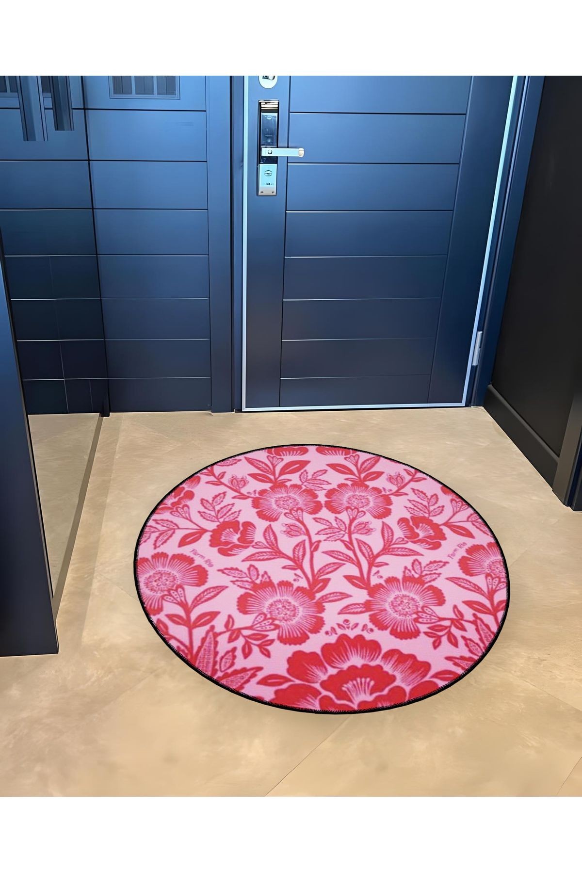 Pembe Temalı Çiçek Desenli Yuvarlak Dokuma Taban Modern Dekoratif Halı 6113
