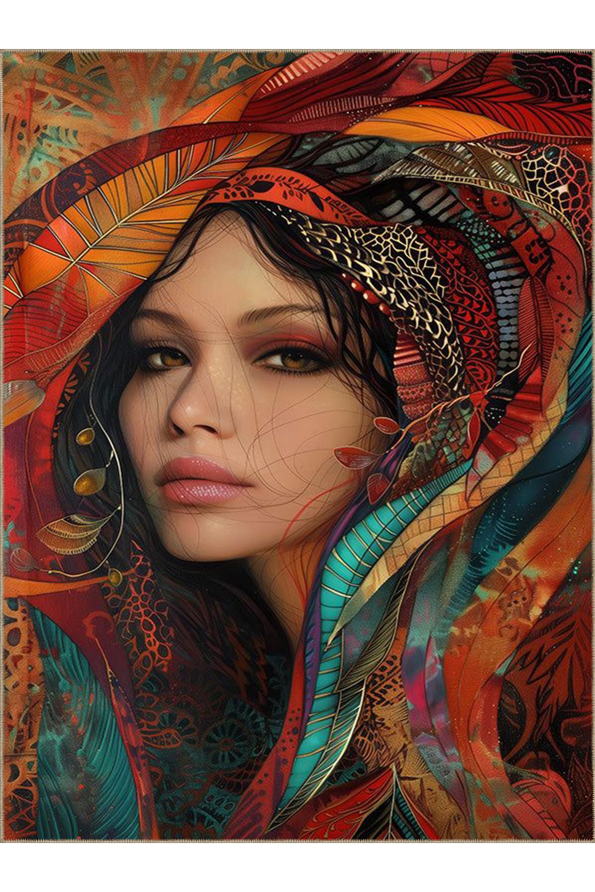 Buse Koleksiyonu Çok Renkli Desenler ve Kadın Yüzü Dokuma Taban Modern Dekoratif Halı buse04