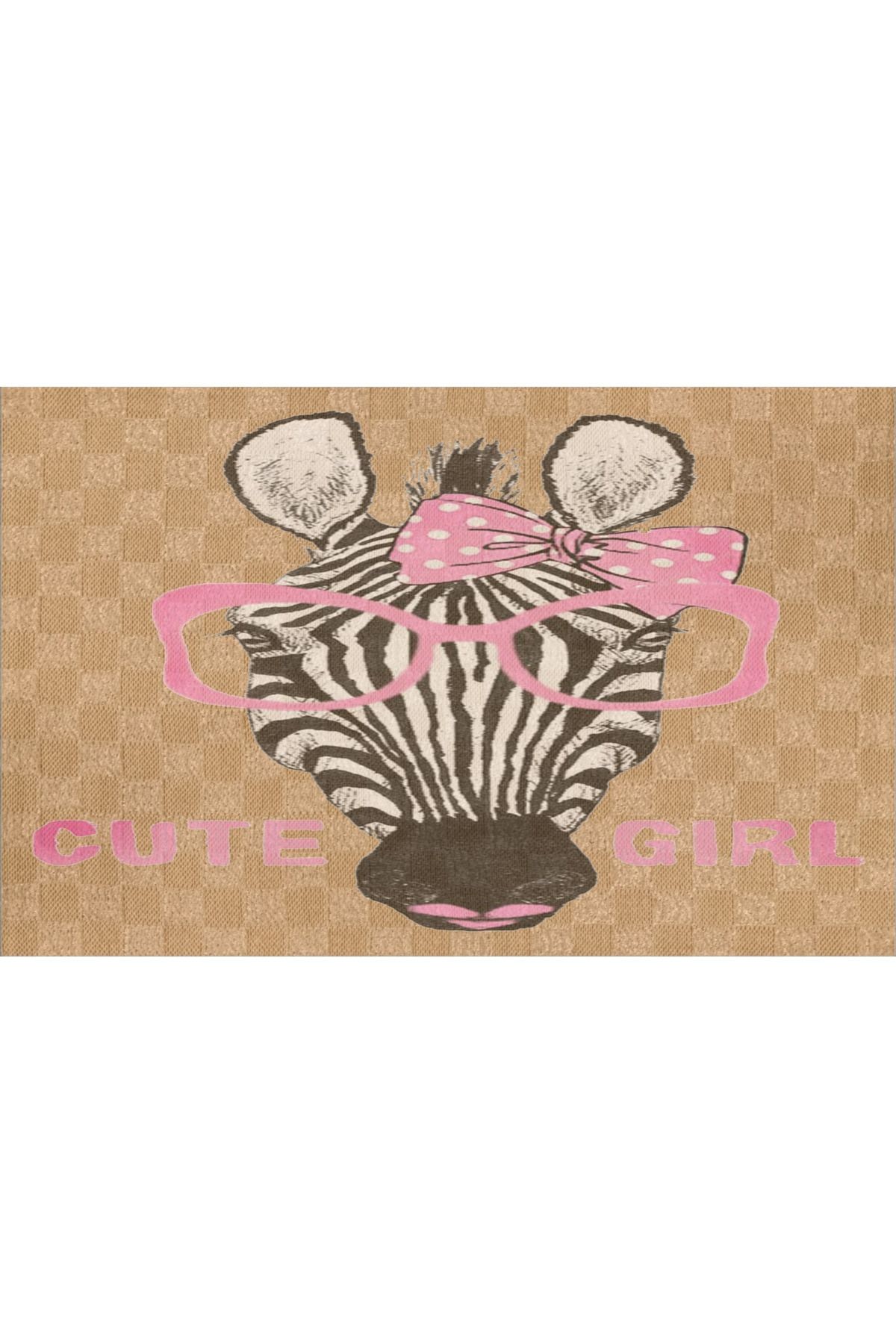 Bej Temalı Tatlı Kız Yazılı Zebra Desenli Kreatif Modern Dekoratif Banyo Paspası 90×60
