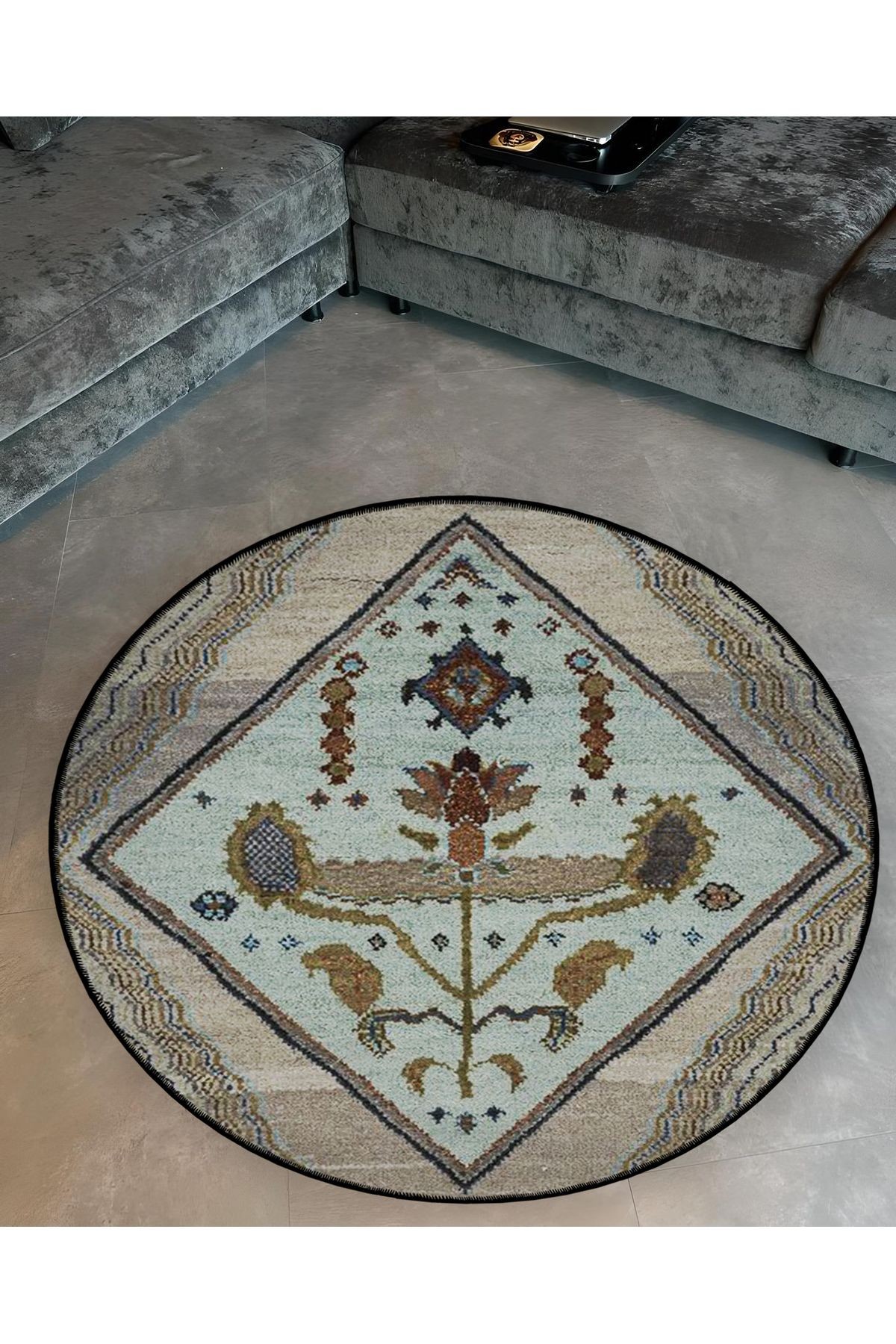 Mira Yuvarlak Bej Tonlarda Antik Desen Dokuma Taban Modern Dekoratif Halı 5630