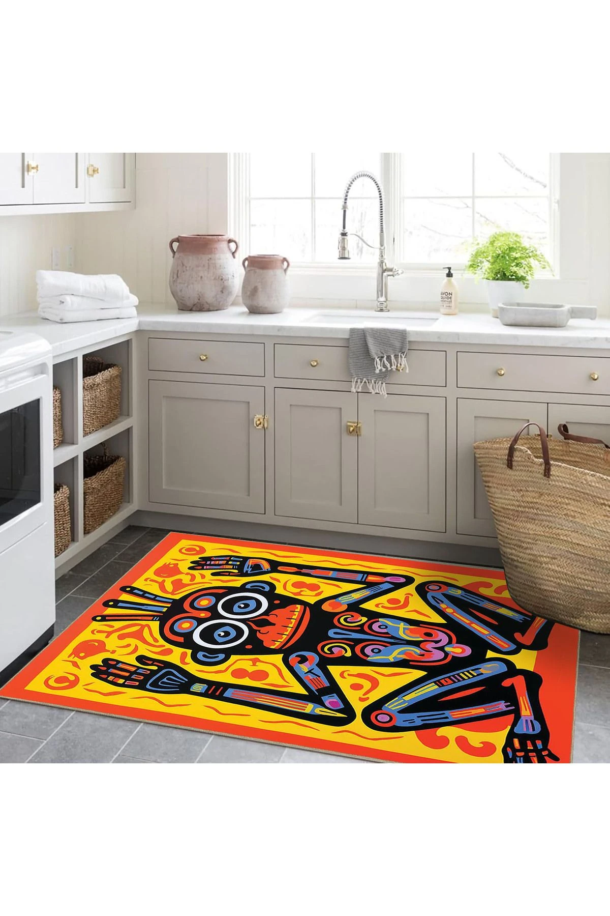 Emre Koleksiyonu Çok Renkli Soyut Çizgi Detaylı Maymun Desenli Dokuma Taban Modern Dekoratif Halı 36