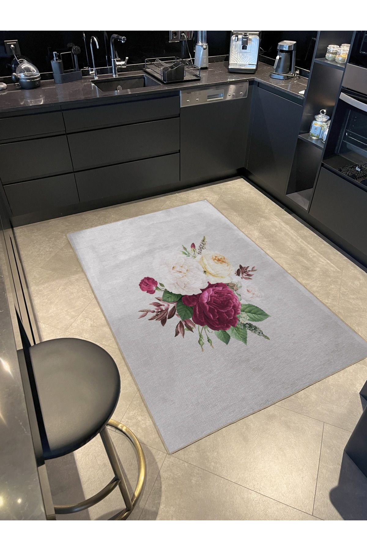 Bej Temalı Yaprak ve Mor Gül Desenli Kreatif Modern Dekoratif Halı 2859