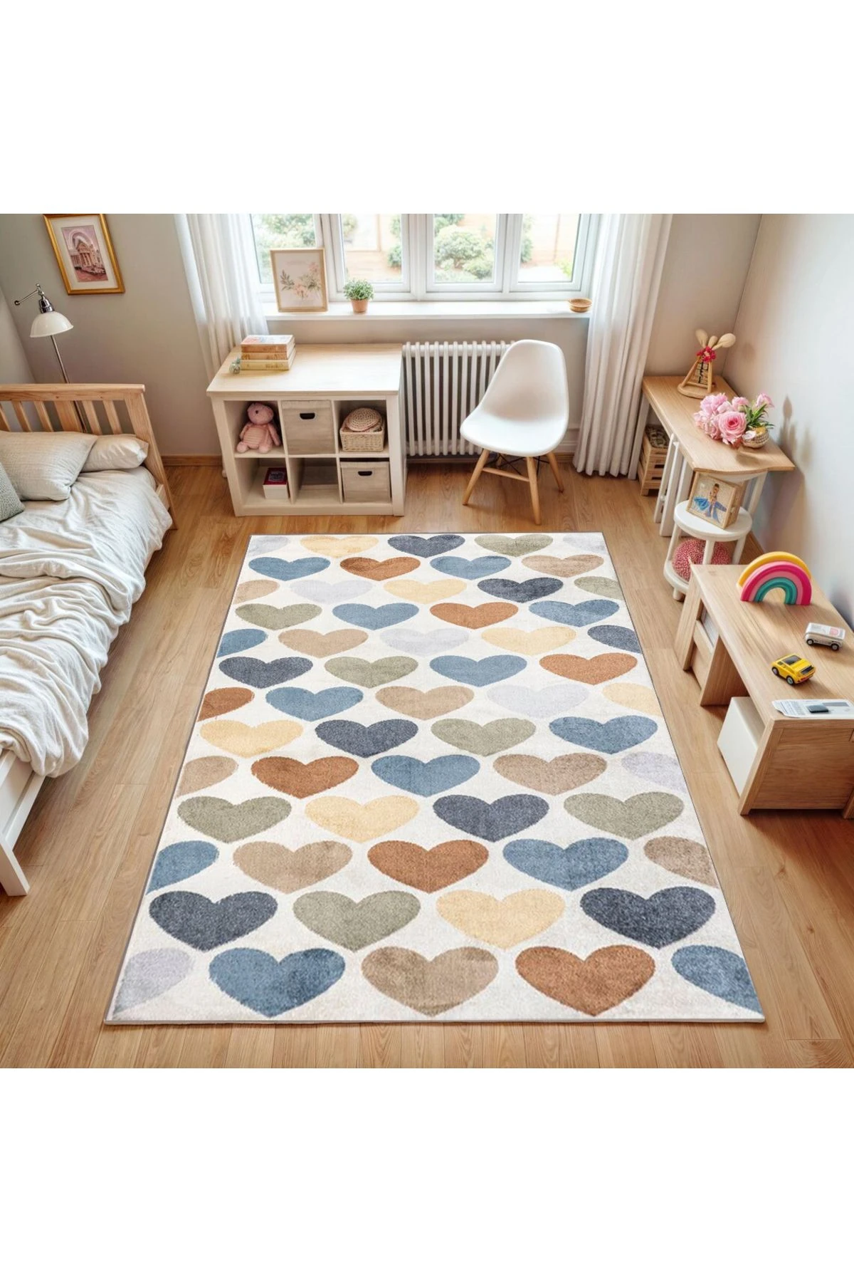 Asya Koleksiyonu Pastel Tonlarda Kalpler Desenli Dokuma Taban Modern Dekoratif Halı asya26