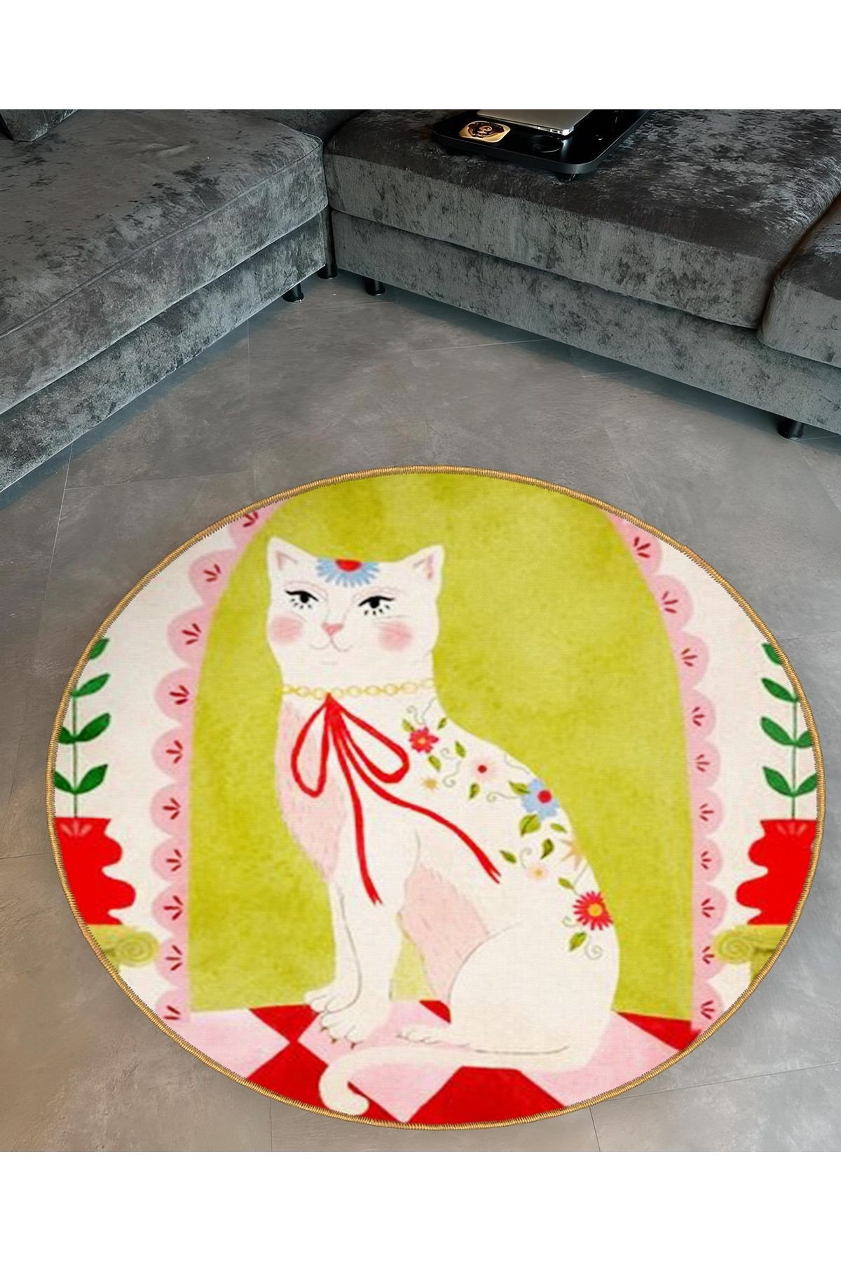 Yeşil Tema Kedi ve Çiçek Desenli Yuvarlak Dokuma Taban Modern Dekoratif Halı 6111