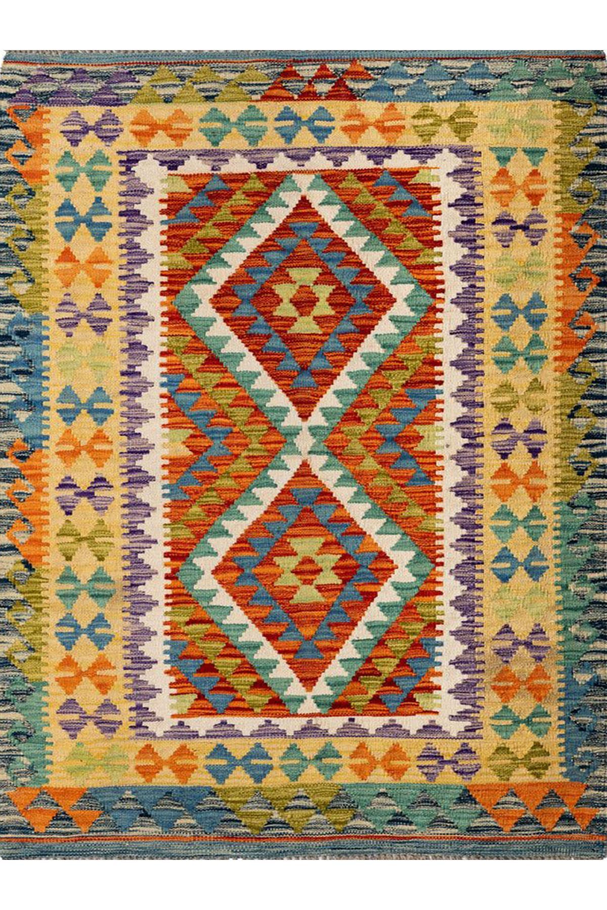 Alya Koleksiyonu Turuncu Yeşil Tonlarda Etnik Desenli Dokuma Taban Modern Dekoratif Halı alya12