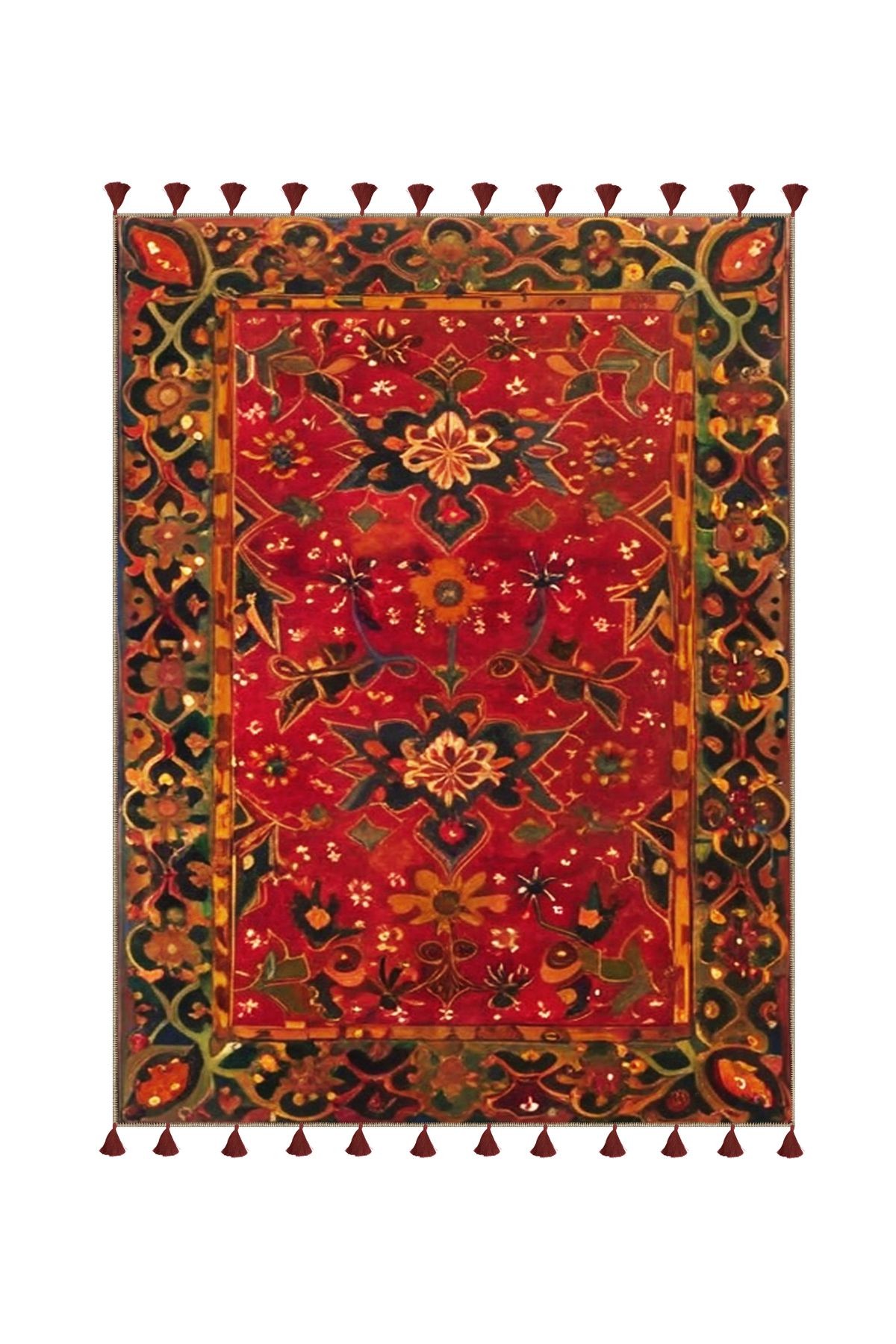Royal Çiçek Figürlerİ Desenli Püskül Detaylı Dokuma Taban Dekoratif Halı royal39
