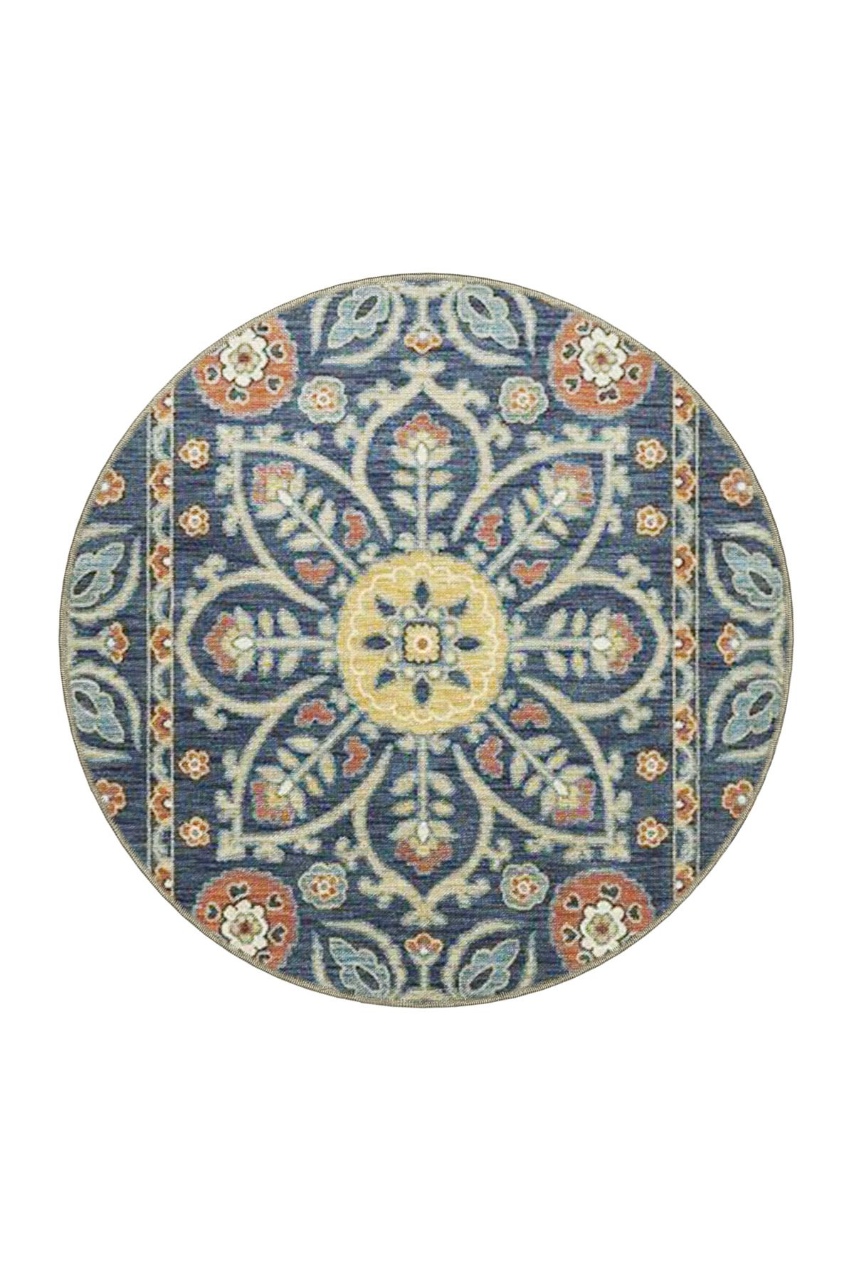 Lacivert Temalı Geleneksel Motif Etnik Çiçek Desenli Vintage Dekoratif Halı 3911