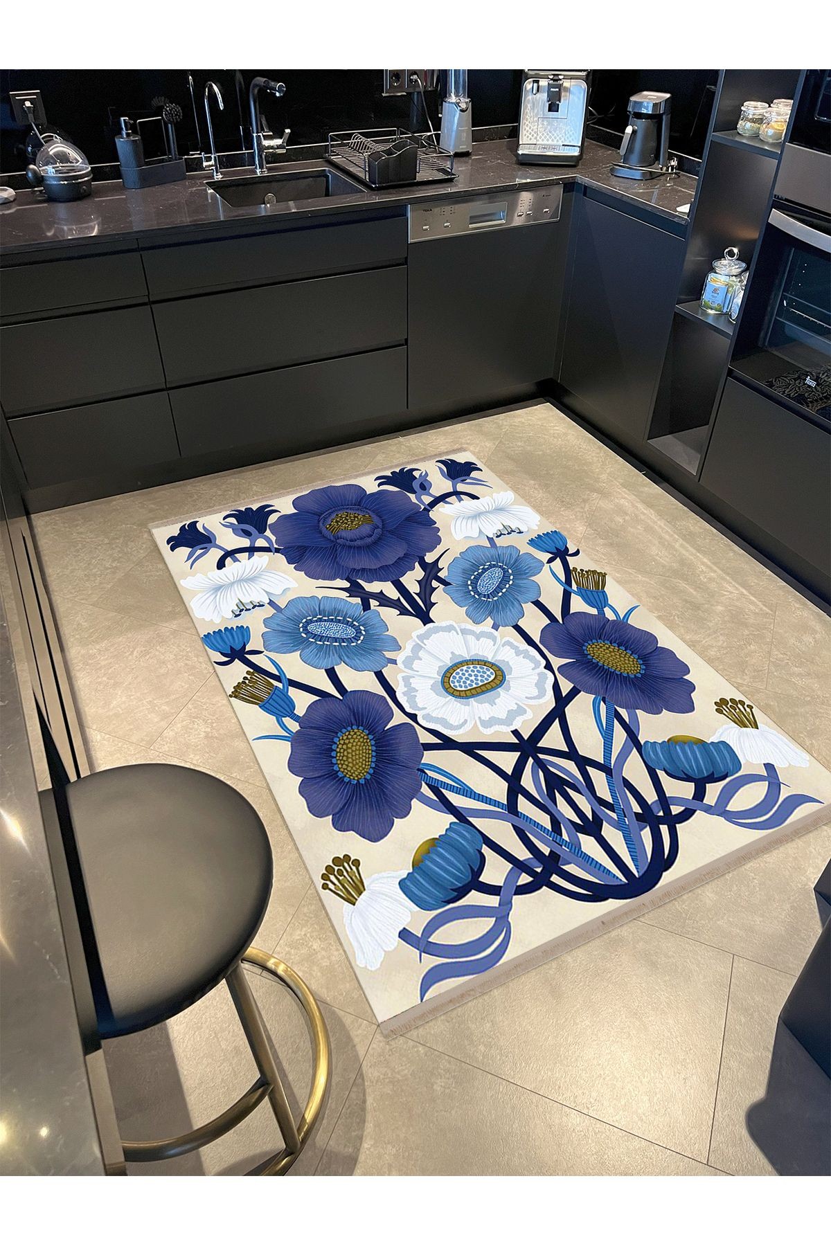 Barcelona Koleksiyonu Mavi Bej Tonlarda Floral Çiçek Desenli Modern Dekoratif Halı 07