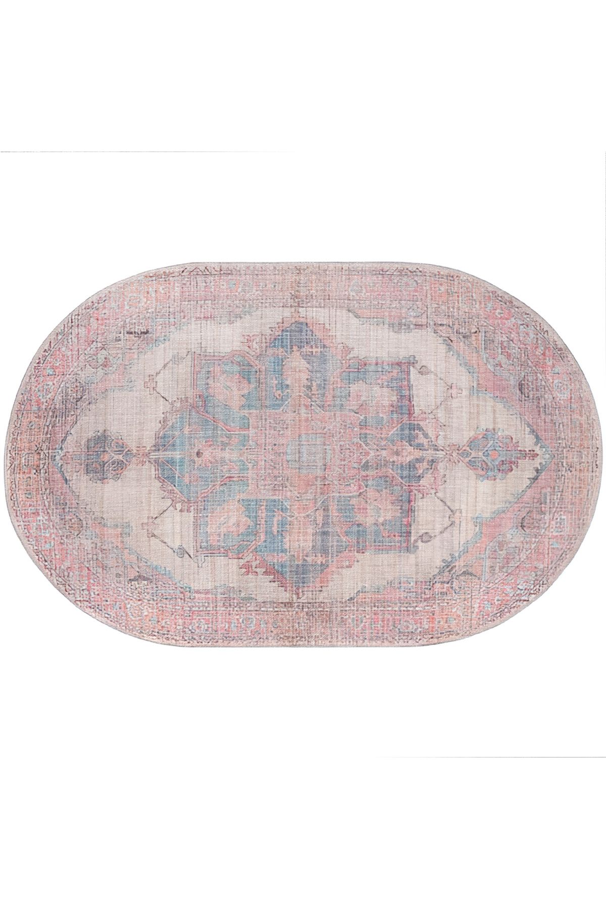 Pembe Temalı Çok Renkli Geleneksel Motif Desenli Vintage Dokuma Taban Yuvarlak Dekoratif Halı 2101