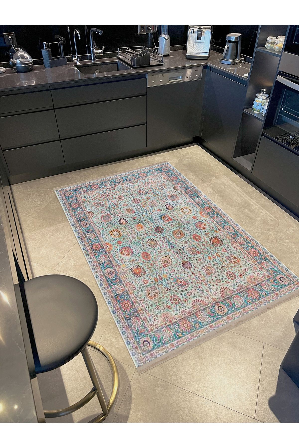 Kemal Koleksiyonu Çok Renkli Çiçek Motif ve Geleneksel Desen Dokuma Taban Vintage Dekoratif Halı 02