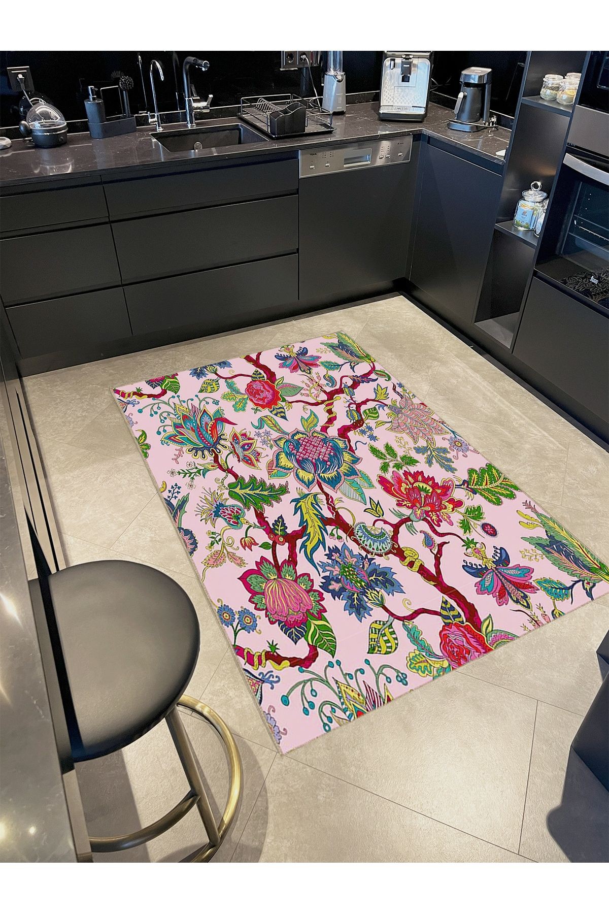 Tuğrul Koleksiyonu Pembe Temalı Sarmaşık ve Çiçekler Desenli Dokuma Taban Modern Dekoratif Halı 35