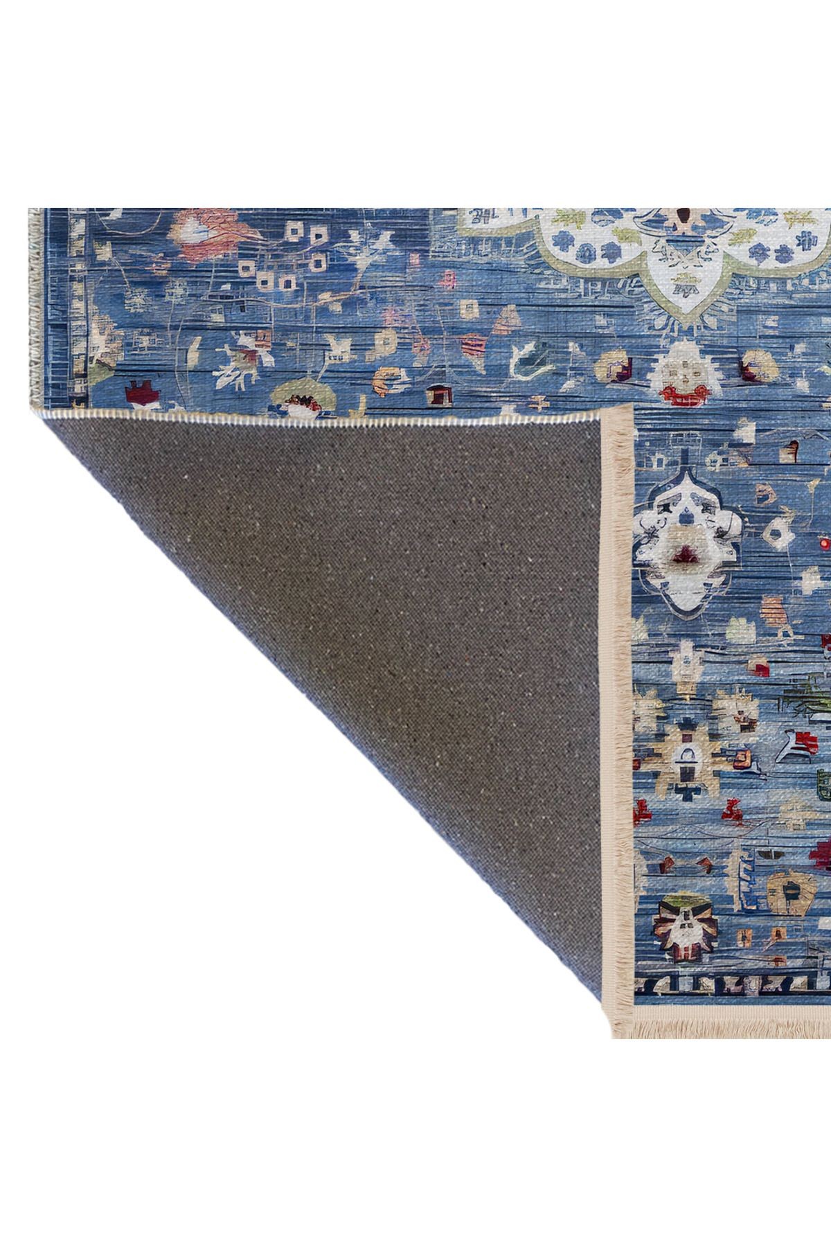 Mavi Temalı Geleneksel Motif Etnik Çiçek Desenli Kreatif Vintage Dekoratif Halı 2418