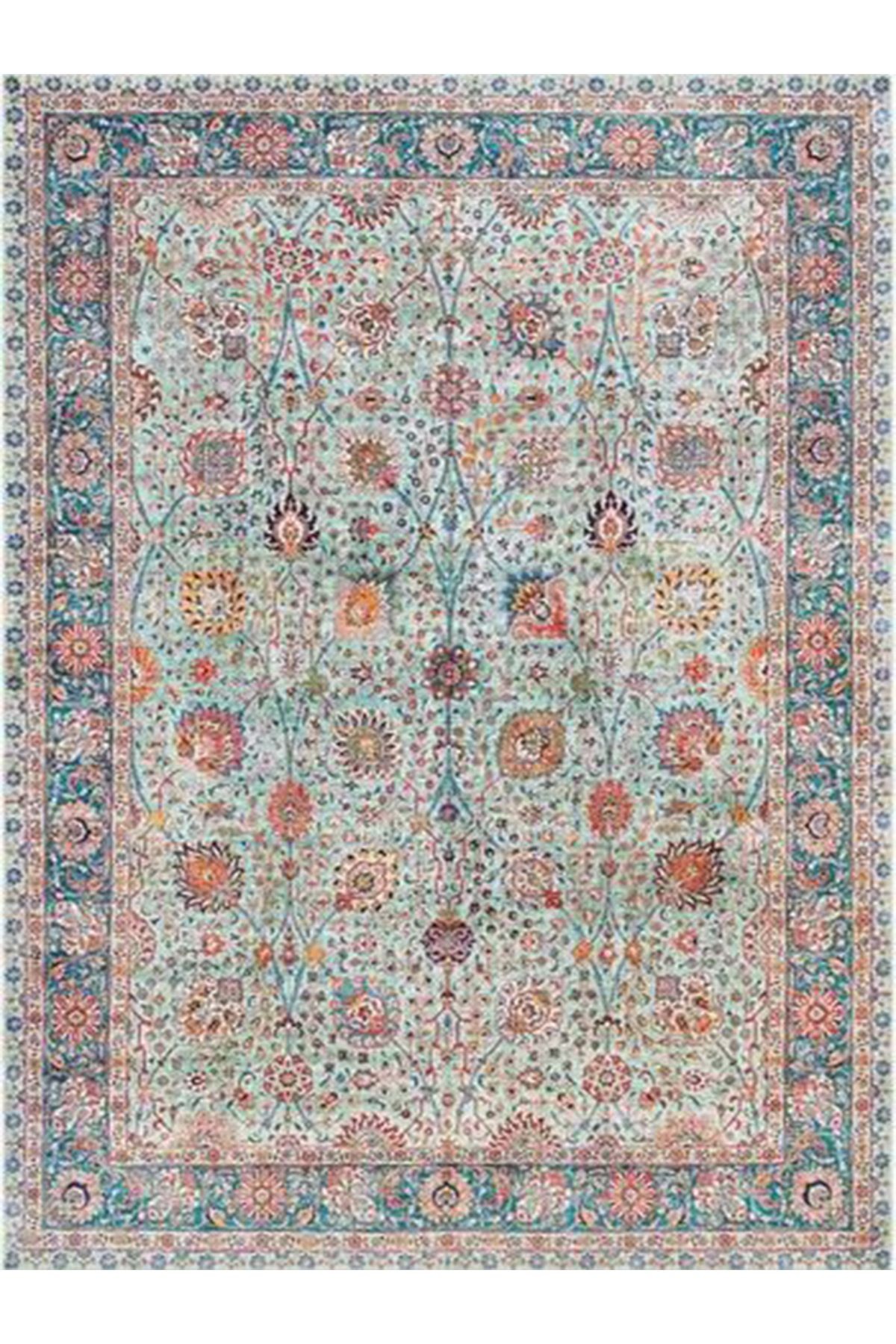 Kemal Koleksiyonu Çok Renkli Çiçek Motif ve Geleneksel Desen Dokuma Taban Vintage Dekoratif Halı 02