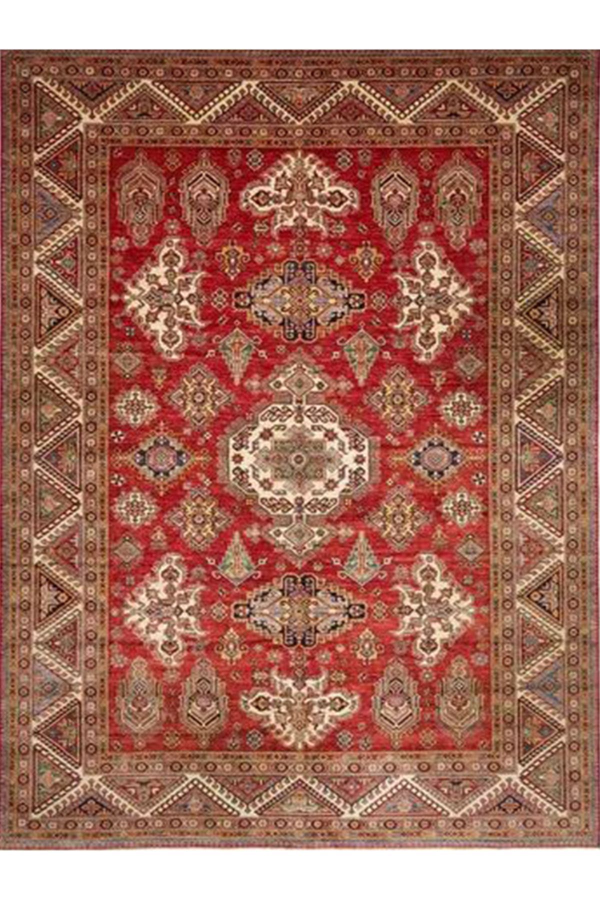 İnci Koleksiyonu Kırmızı Kahve Temalı Etnik Desenli Dokuma Taban Vintage Dekoratif Halı inci02