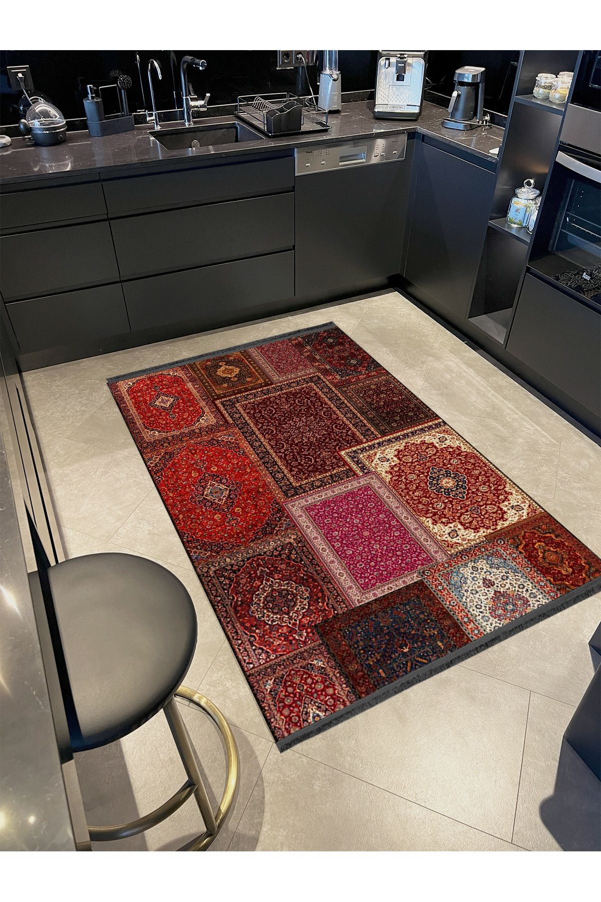Kuvars Koleksiyonu Koyu Kırmızı Vintage Motifler Desenli Dokuma Taban Etnik Dekoratif Halı kuvars31