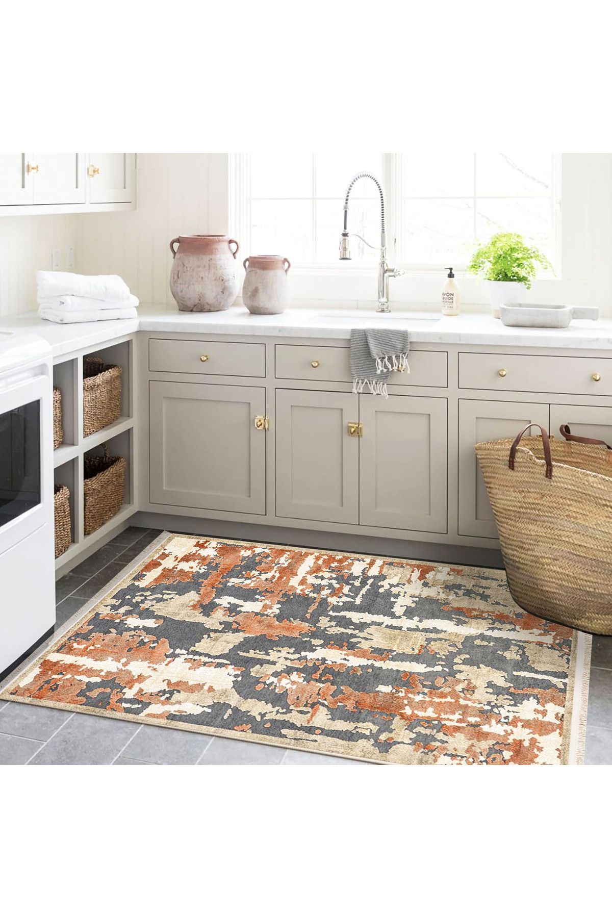 Alya Koleksiyonu Gri Turuncu Soyut Desenli Dokuma Taban Dekoratif Halı alya44