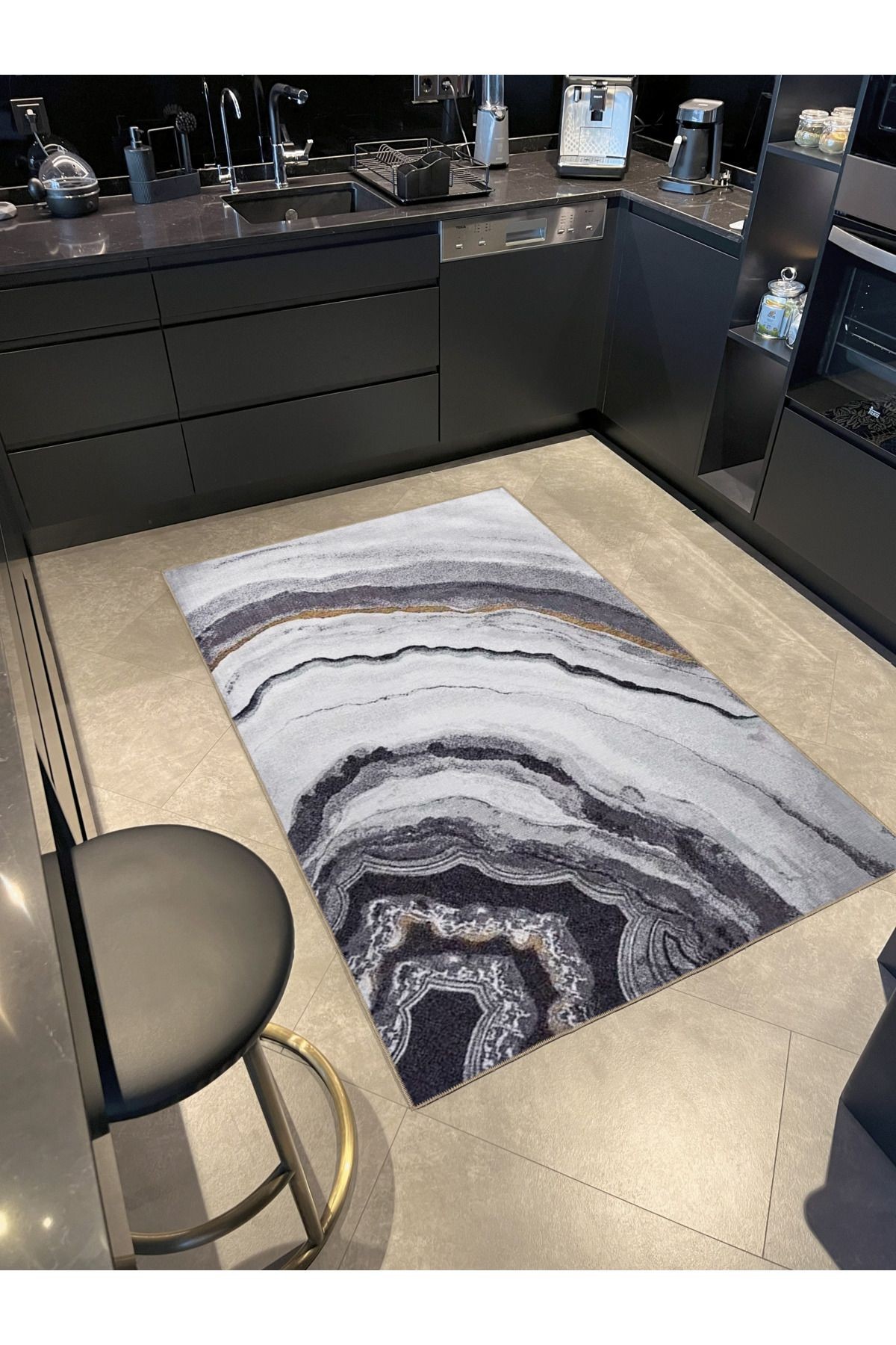 Bej Gri Temalı Soyut Abstract Desenli Kreatif Modern Dekoratif Halı 3317