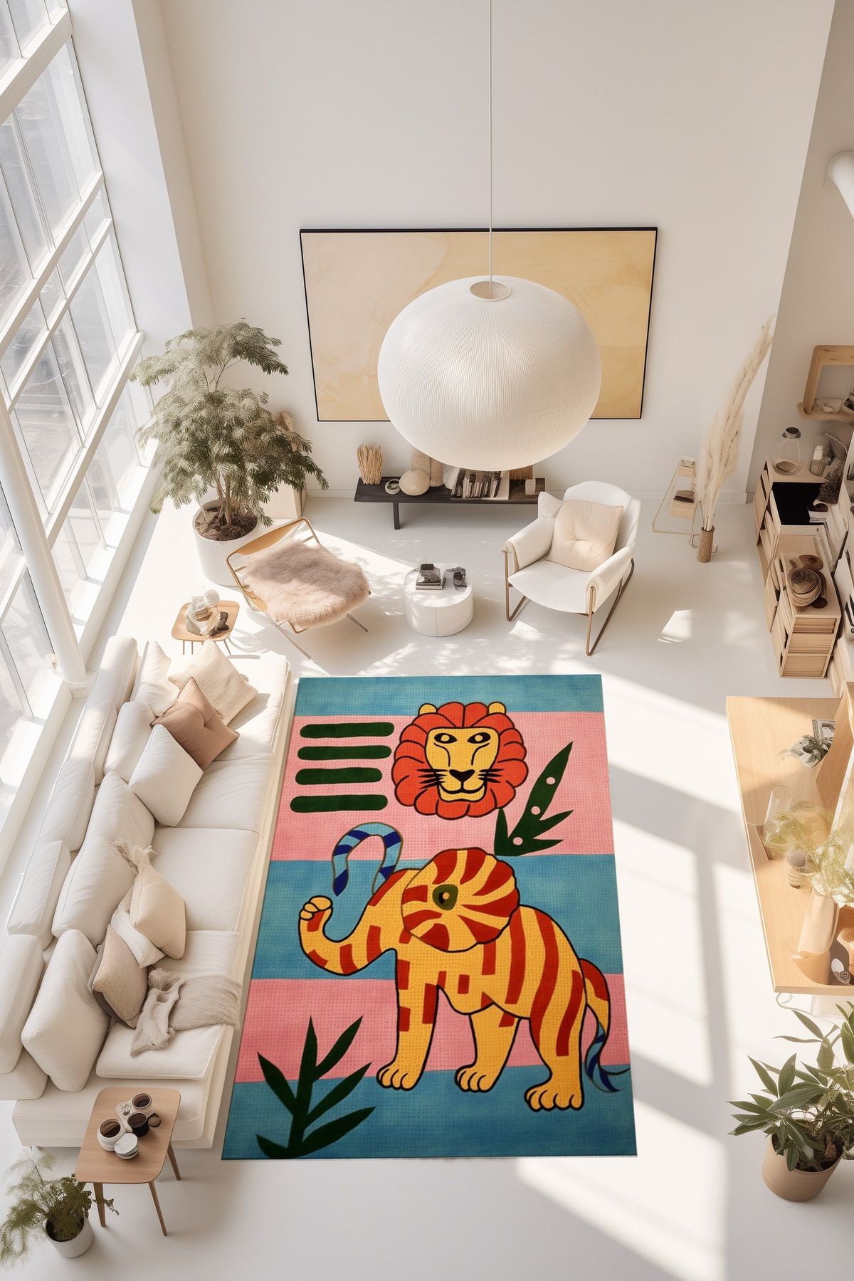 Dido Koleksiyonu Mavi Pembe Tema Aslan Desenli Modern Dekoratif Halı 3452