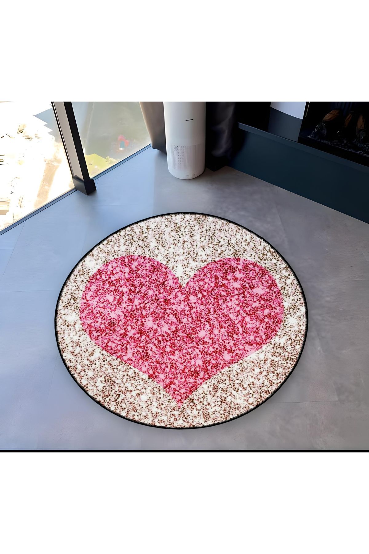 Mira Yuvarlak Koyu Pembe Kalp Detaylı Dokuma Taban Modern Dekoratif Halı 5595
