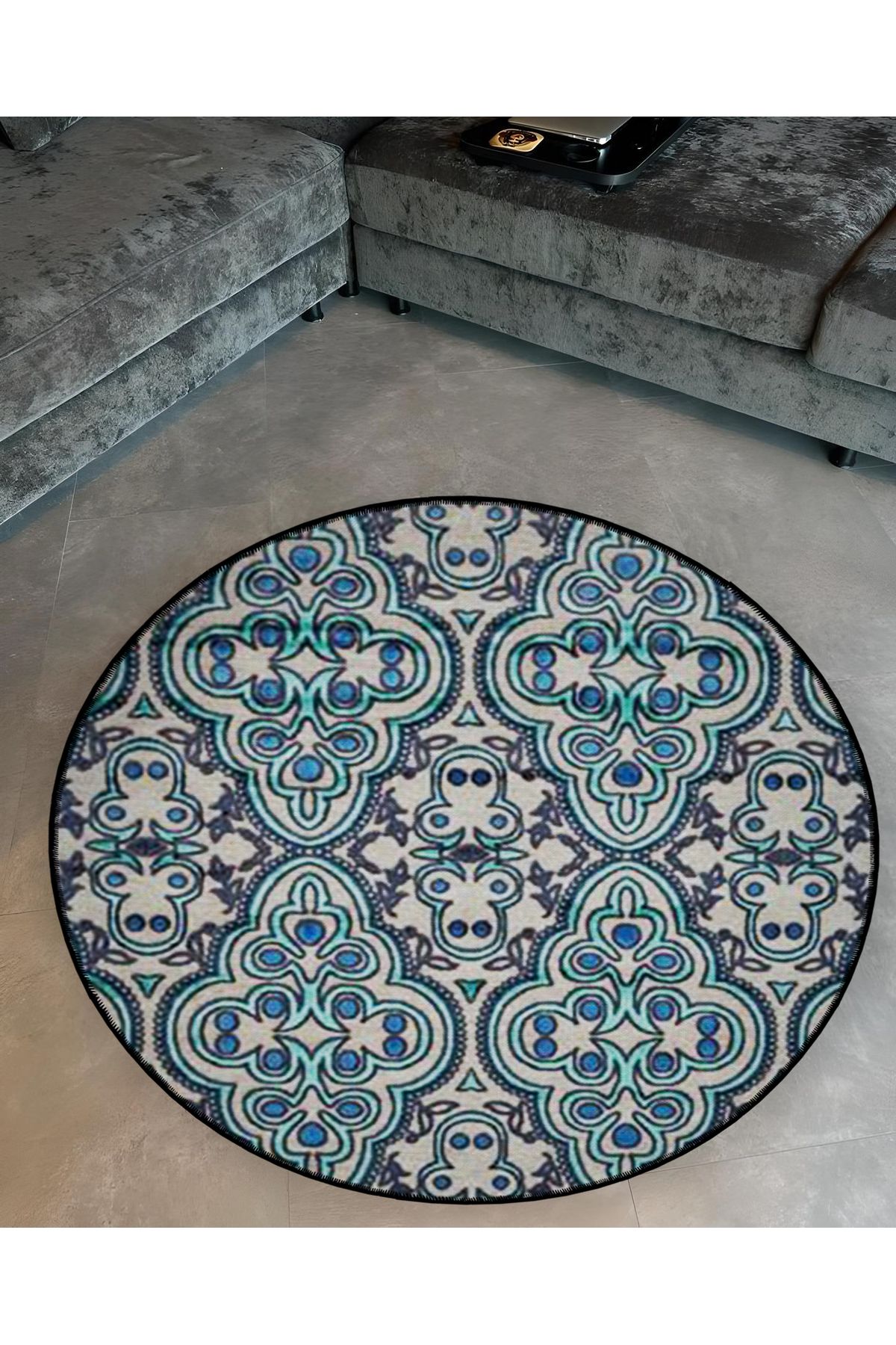 Mira Yuvarlak Mavi Tonlarda Etnik Desen Detaylı Dokuma Taban Modern Dekoratif Halı 5590