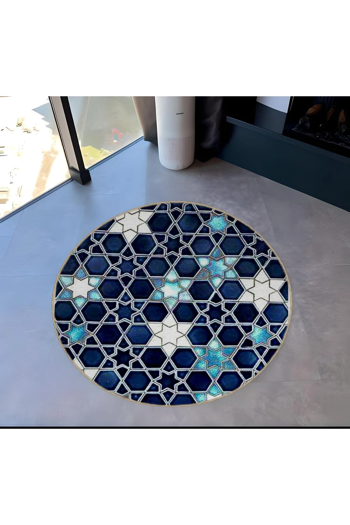 Mira Yuvarlak Mavi Tonlarda Yıldızlar Detaylı Modern Dekoratif Halı 5527