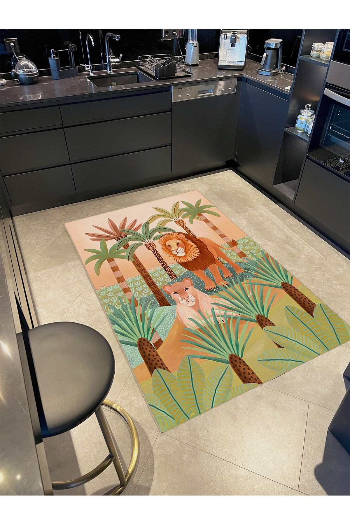 Emre Koleksiyonu Vahşi Orman Temalı Aslan ve Palmiye Desenli Dokuma Taban Modern Dekoratif Halı 41
