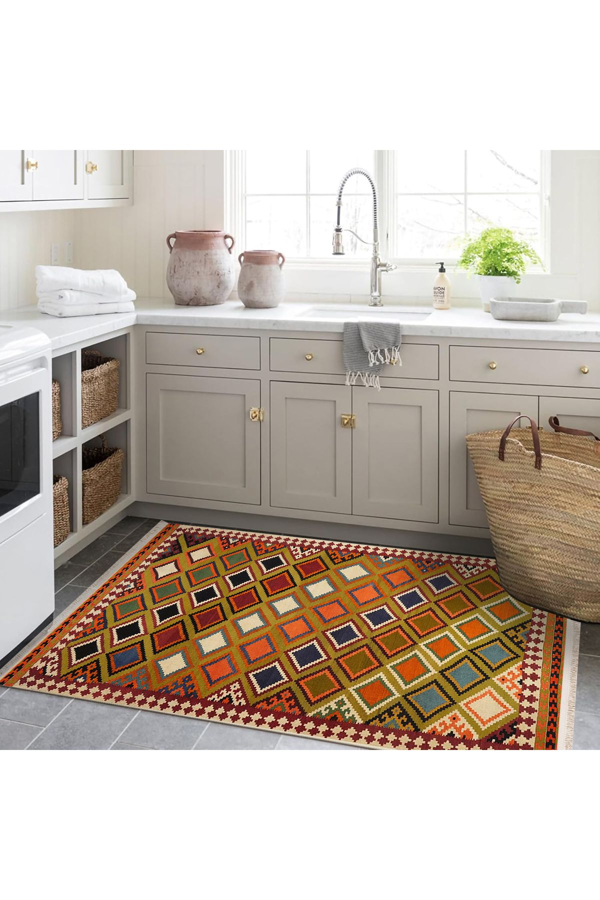 Güney Koleksiyonu Çok Renkli Dörtgen Etnik Motif Desenli Vintage Dekoratif Halı 27