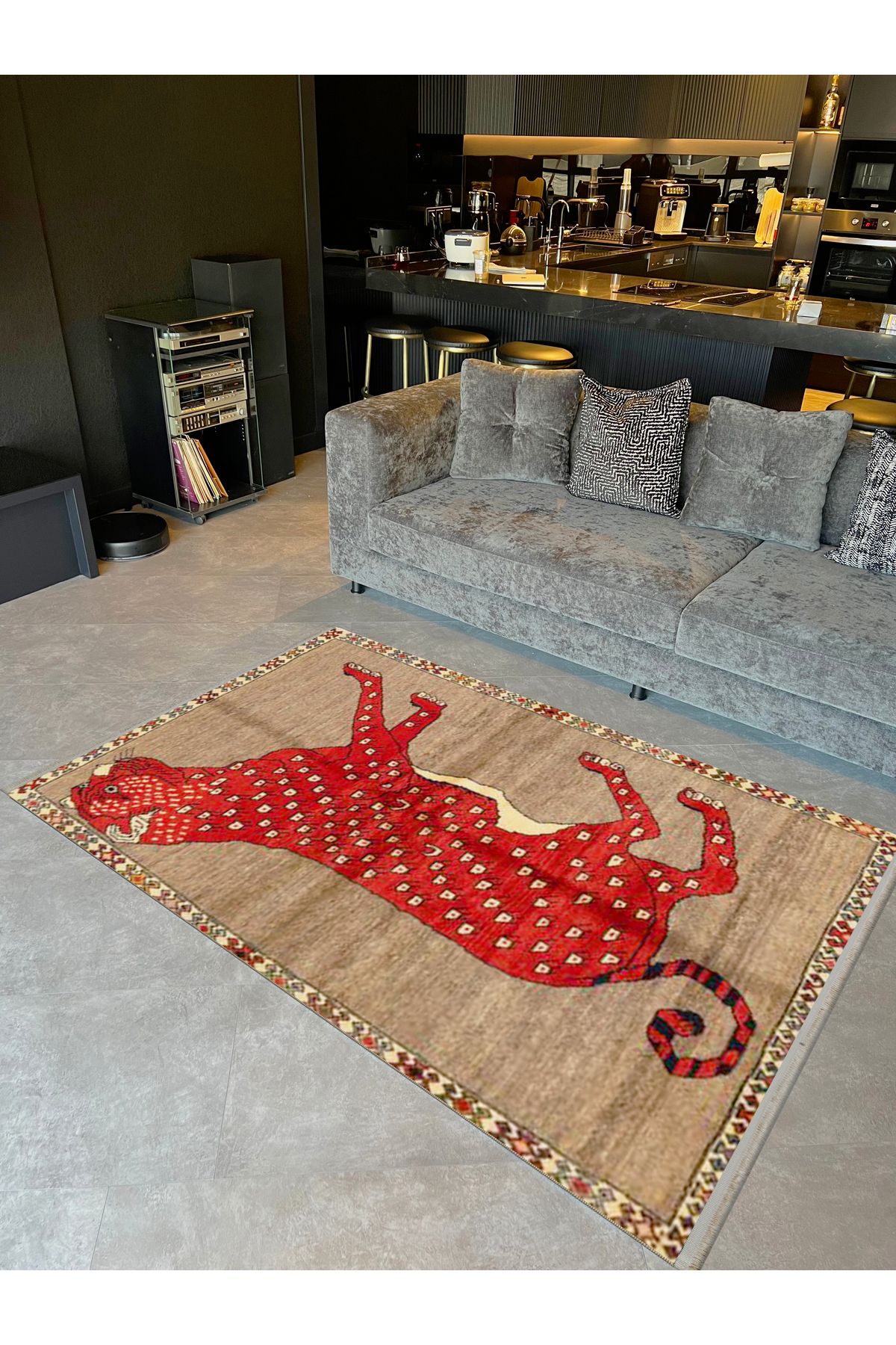 Özge Koleksiyonu Kırmızı Bej Hayvan Desenli Dokuma Taban Modern Dekoratif Halı özge34