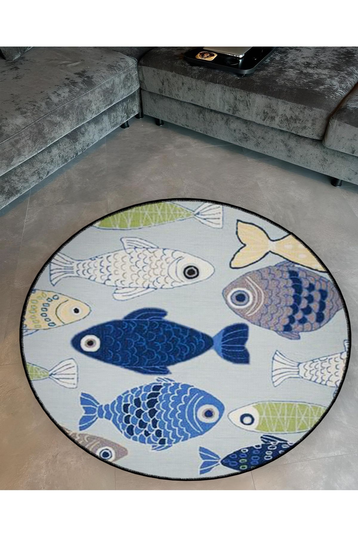 Mira Yuvarlak Mavi Tonlarda Balıklar Dokuma Taban Modern Dekoratif Halı 5546