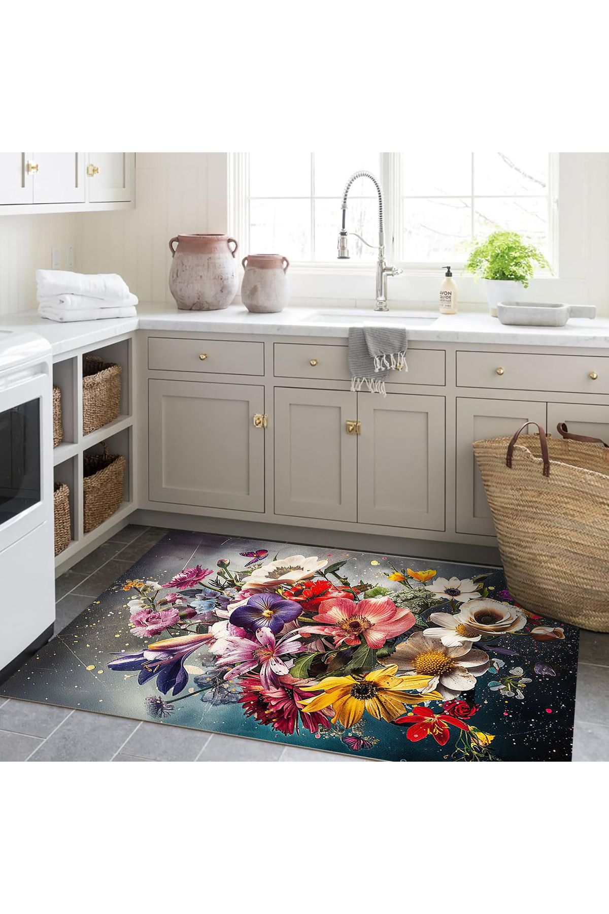 Kubilay Koleksiyonu Çok Renkli Karma Çiçekler Desenli Dokuma Taban Kreatif Modern Dekoratif Halı 36