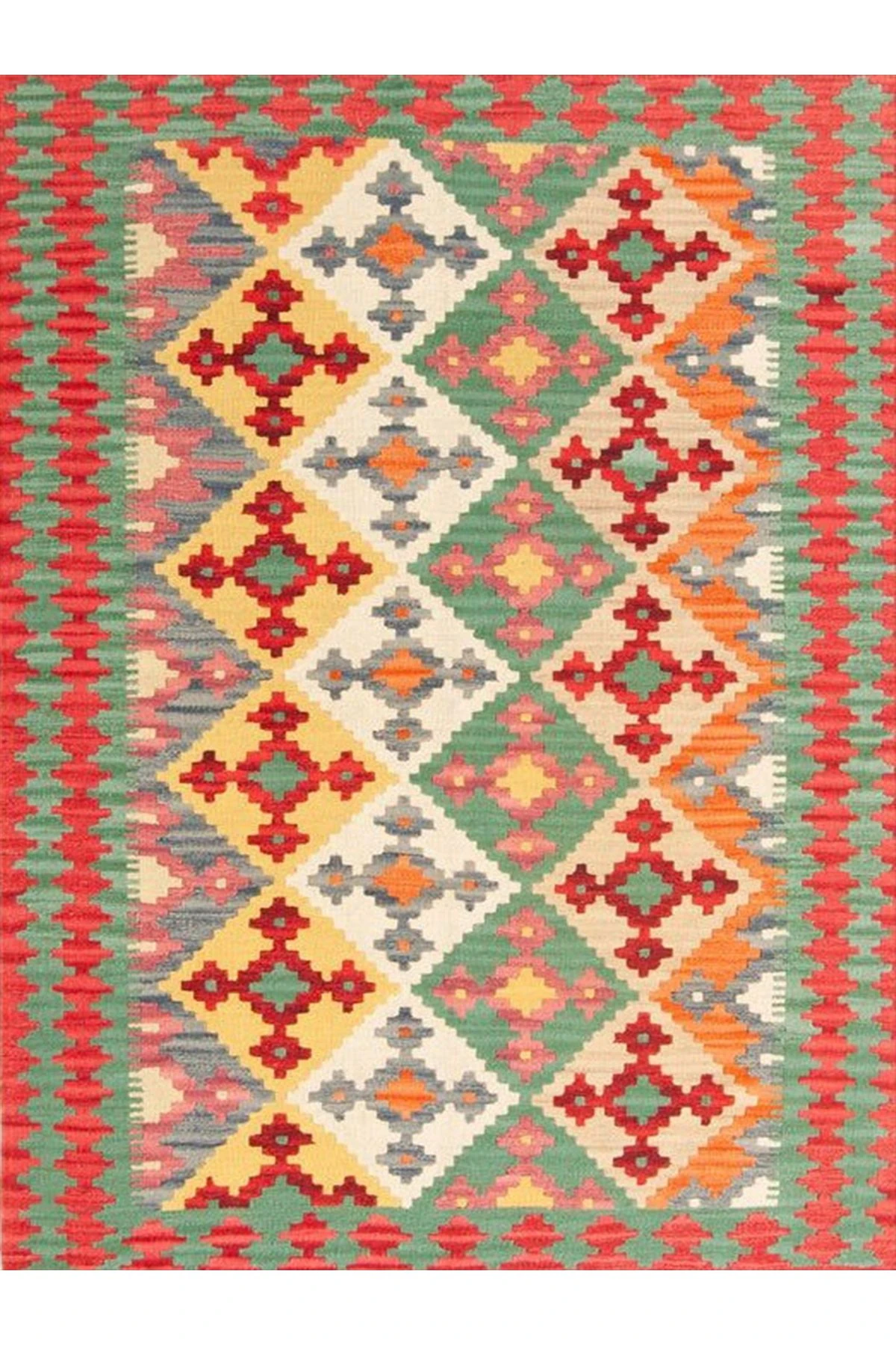 Aysu Koleksiyonu Turuncu Yeşil Etnik Desenli Dokuma Taban Modern Dekoratif Halı aysu31