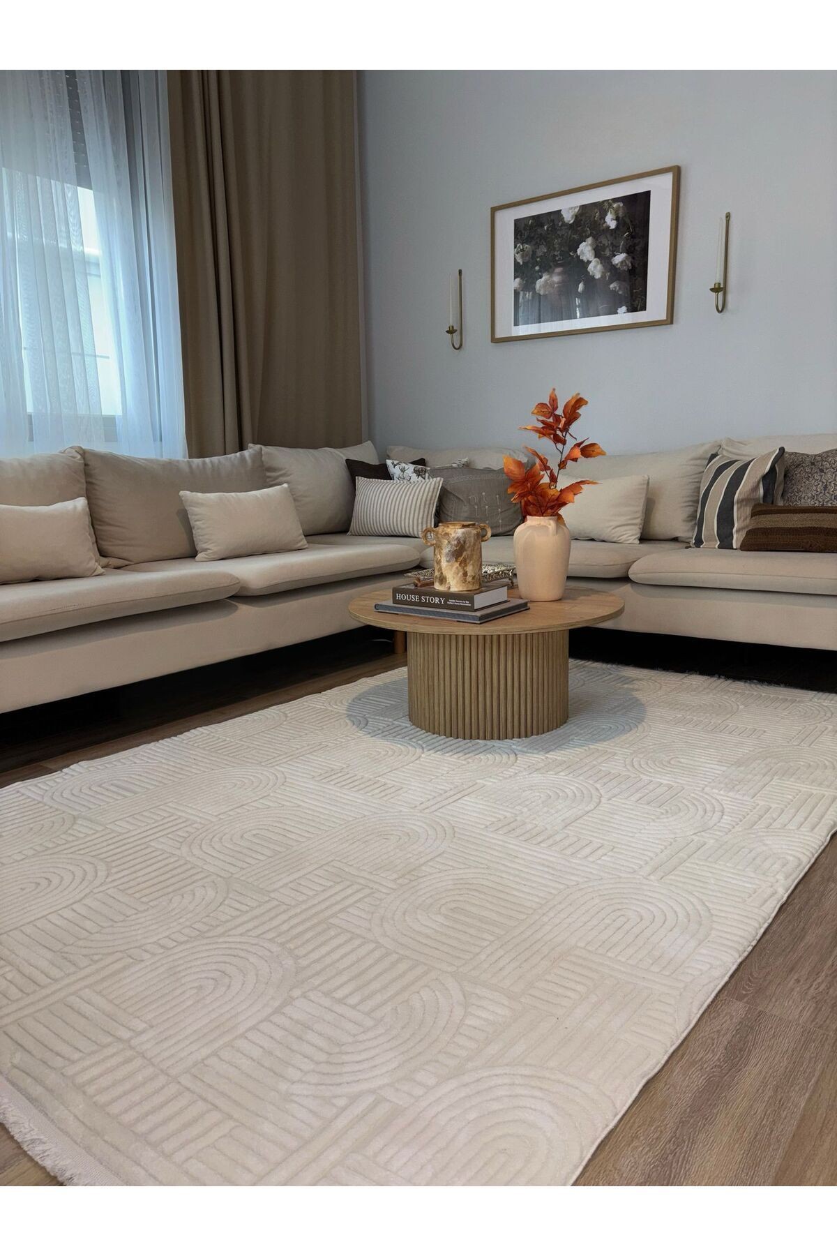 New Rubby Koleksiyonu Beyaz Temalı İskandinav Tasarım Desenli Kreatif Modern Dekoratif Halı 100