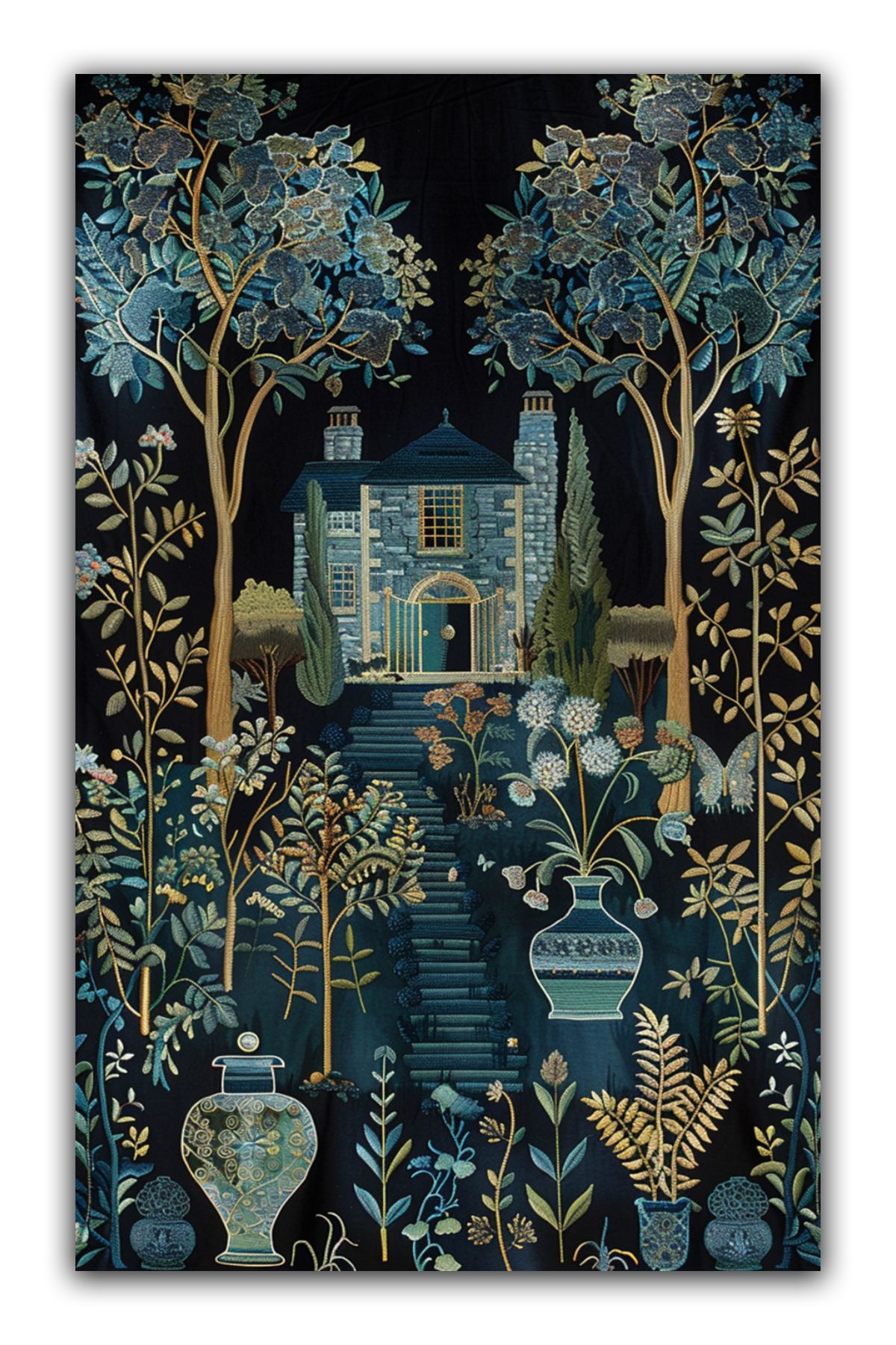 Fiorella Mavi Yeşil Ev Temalı Bahar Çiçekleri Tema  Dokuma Taban  Dekoratif Halı 7006