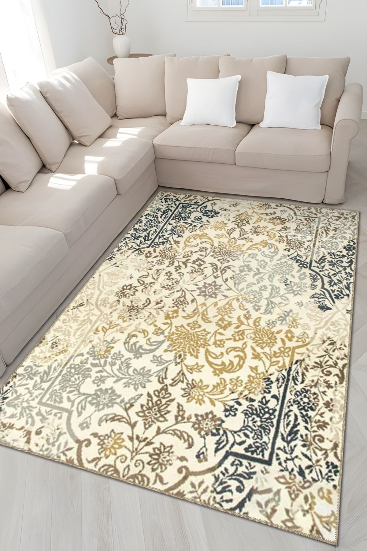 Bej Temalı Geleneksel Motif Çiçek Desenli Vintage Dekoratif Halı 4913