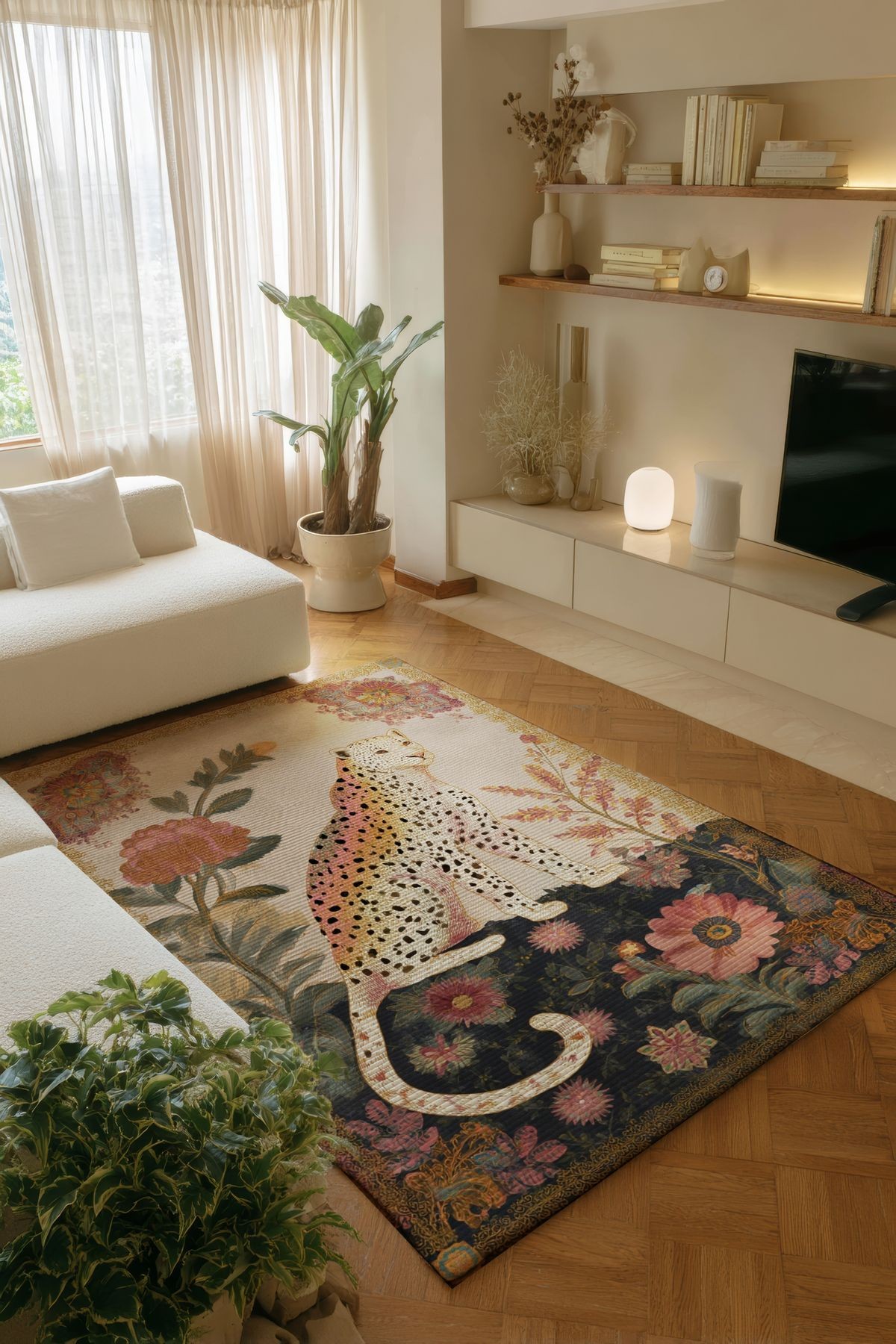 Nora Art Bej Çiçekli Kaplan Desenli Dokuma Taban Dekoratif Salon Halısı 61