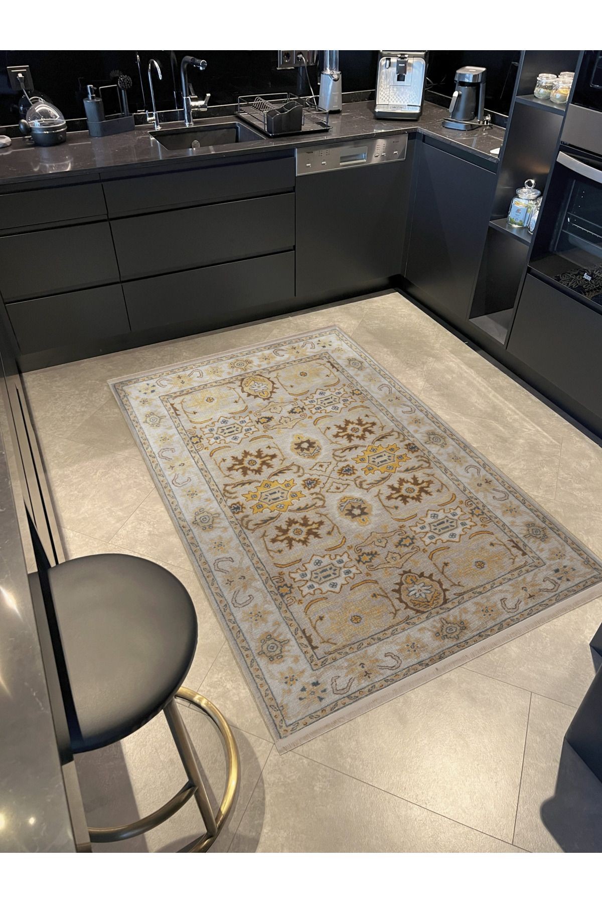 Bej Temalı Geleneksel Motif Etnik Çiçek Desenli Kreatif Vintage Dekoratif Halı 2809