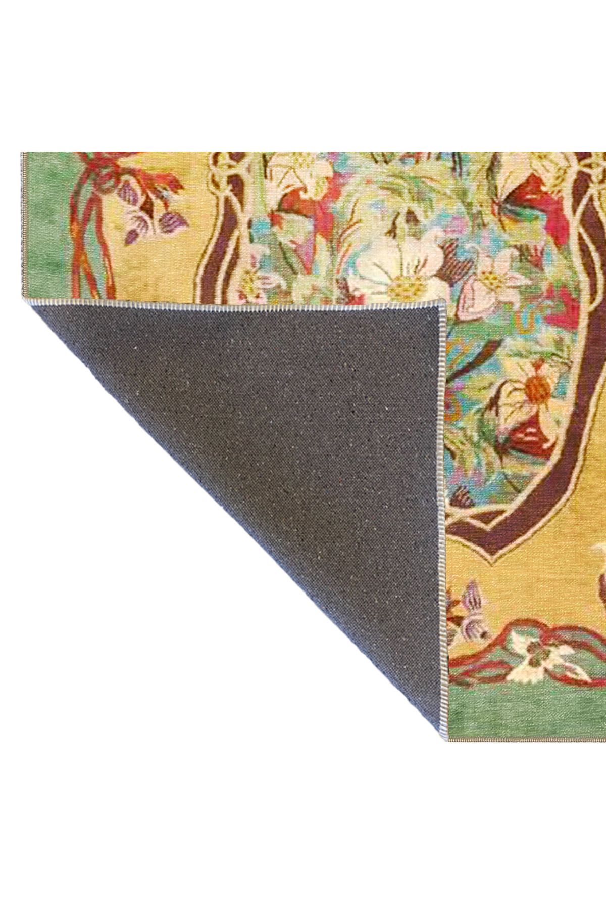 Yeşil Sarı Temalı Floral Çiçek Desenli Vintage Dekoratif Halı 3821