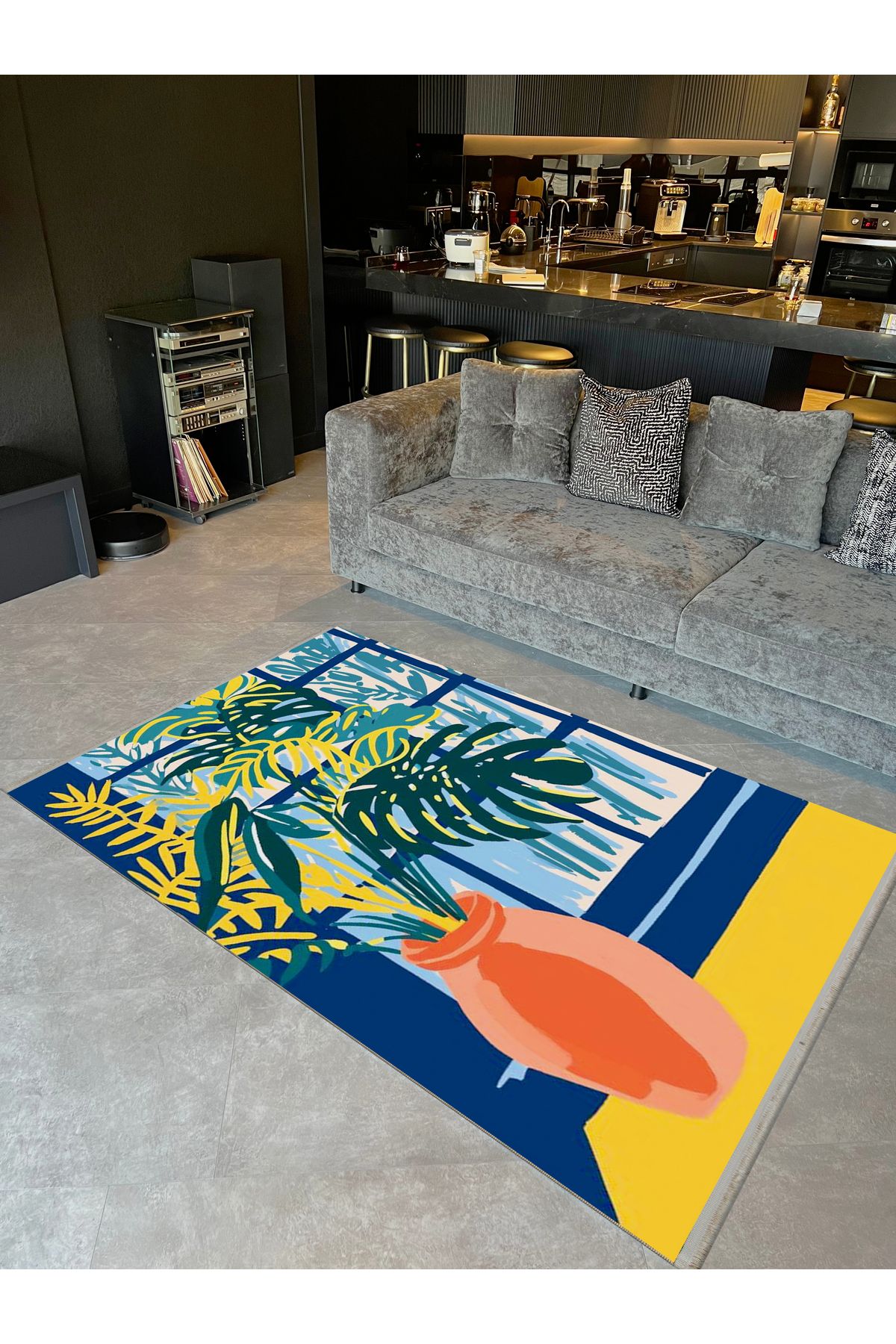 Yılmaz Koleksiyonu Sarı Lacivert Temalı Pencere ve Saksı Desenli Kreatif Modern Dekoratif Halı 25