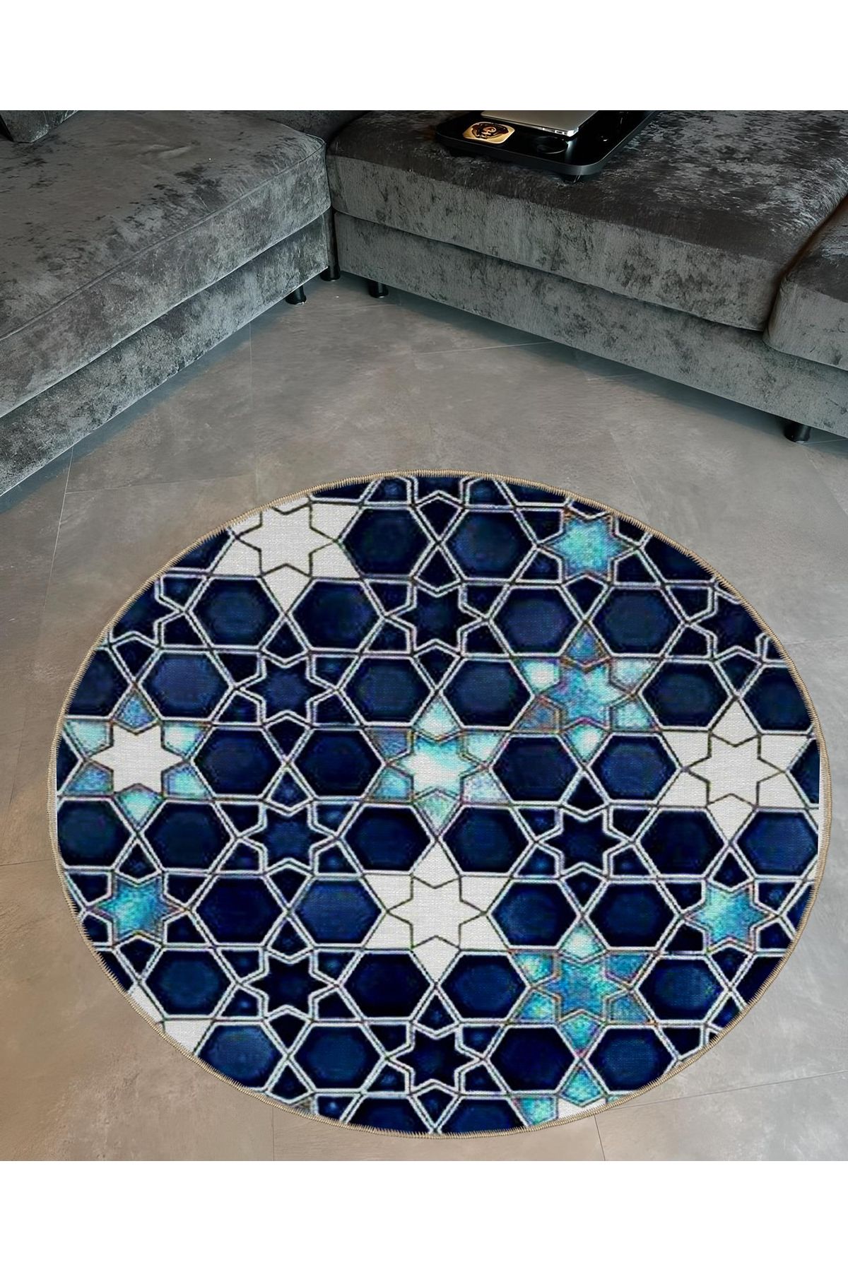 Mira Yuvarlak Mavi Tonlarda Yıldızlar Detaylı Modern Dekoratif Halı 5527