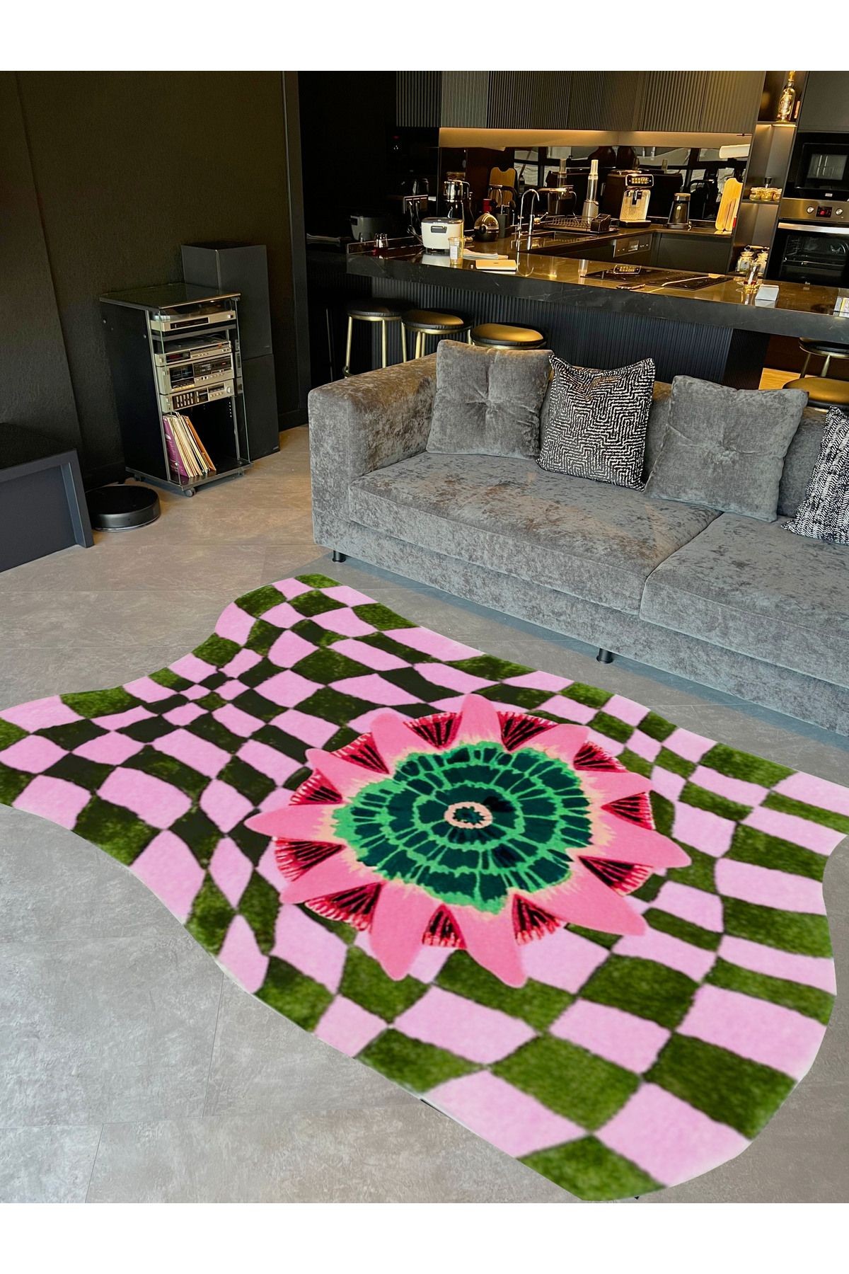 Rio Koleksiyonu Asimetrik Pembe Yeşil Dokuma Taban Modern Dekoratif Halı rio15