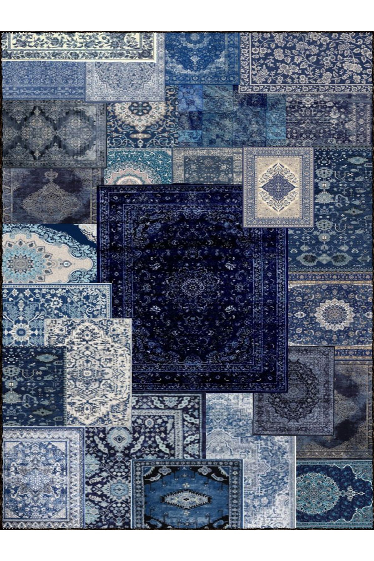 Kuvars Koleksiyonu Mavi Lacivert Vintage Motifler Desenli Dokuma Taban Etnik Dekoratif Halı kuvars15