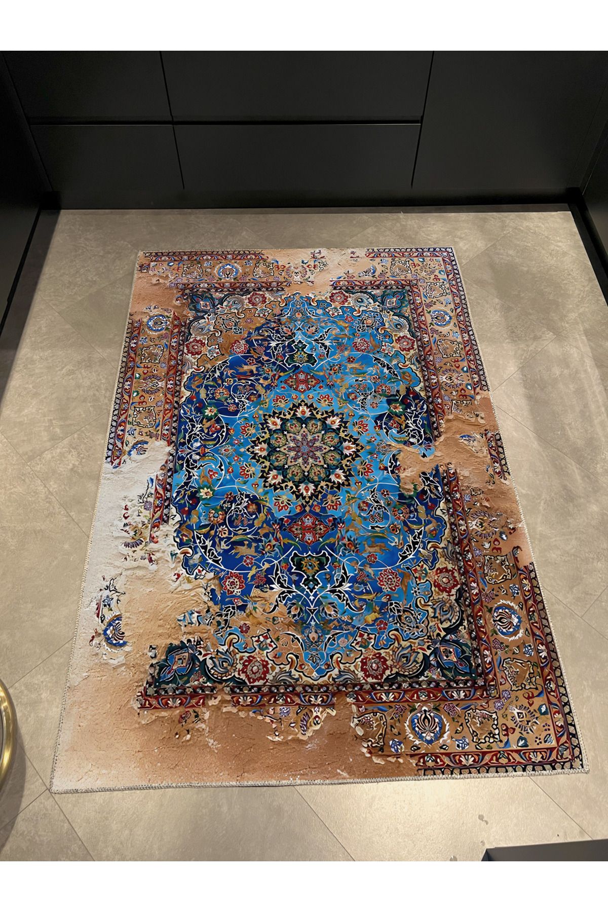 Mavi Bej Temalı Geleneksel Motif Soyut Desenli Modern Dekoratif Halı 1666