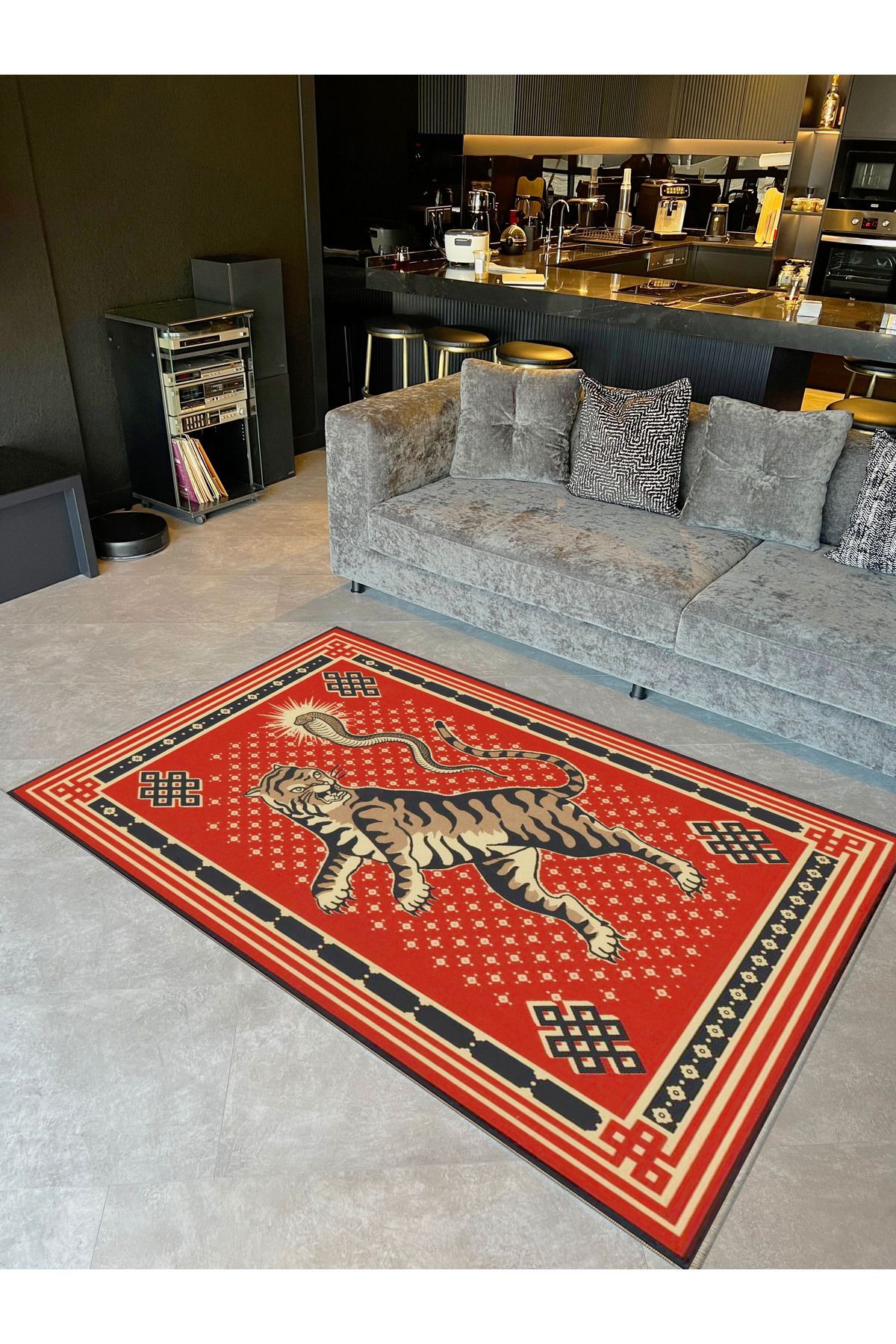 İnci Koleksiyonu Kırmızı TEma Etnik Kaplan Desenli Dokuma Taban Vintage Dekoratif Halı inci30