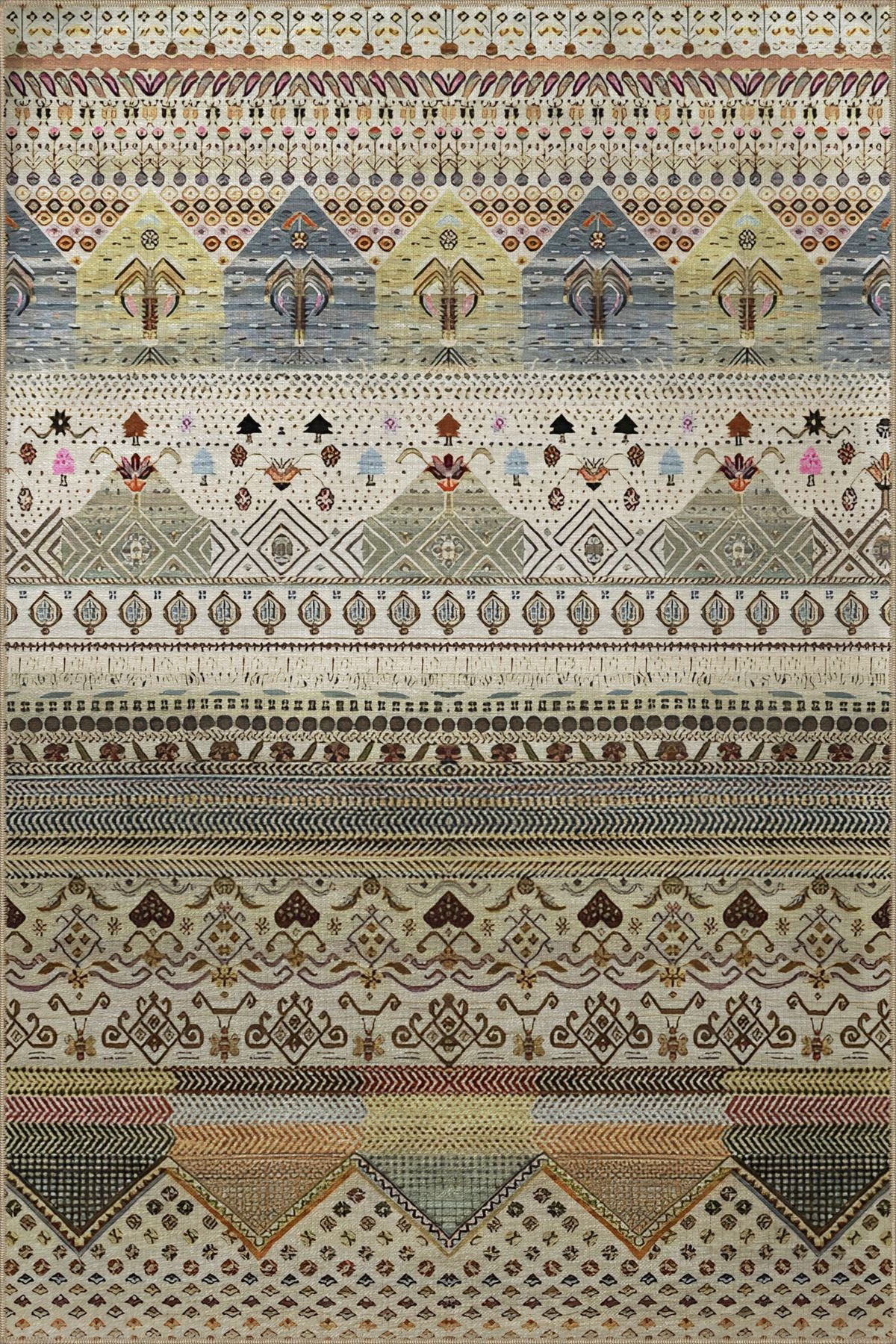 Bej Gri Temalı Şerit Bölme Karma Etnik Şekil Desenli Modern Dekoratif Halı 2322