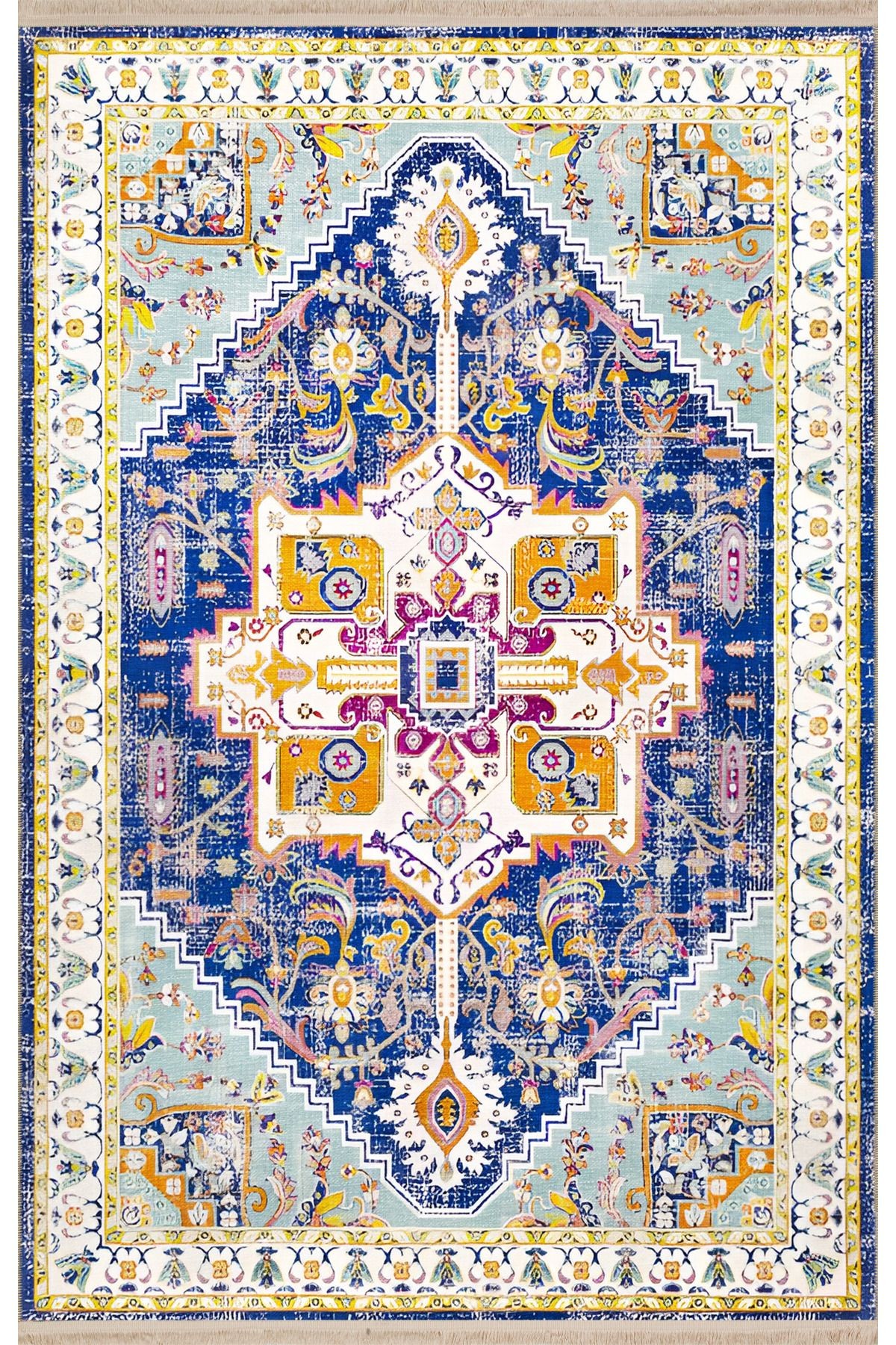 Açık Ton Mavi Sarı Temalı Geleneksel Motif Etnik Desenli Kreatif Vintage Dekoratif Halı 2043