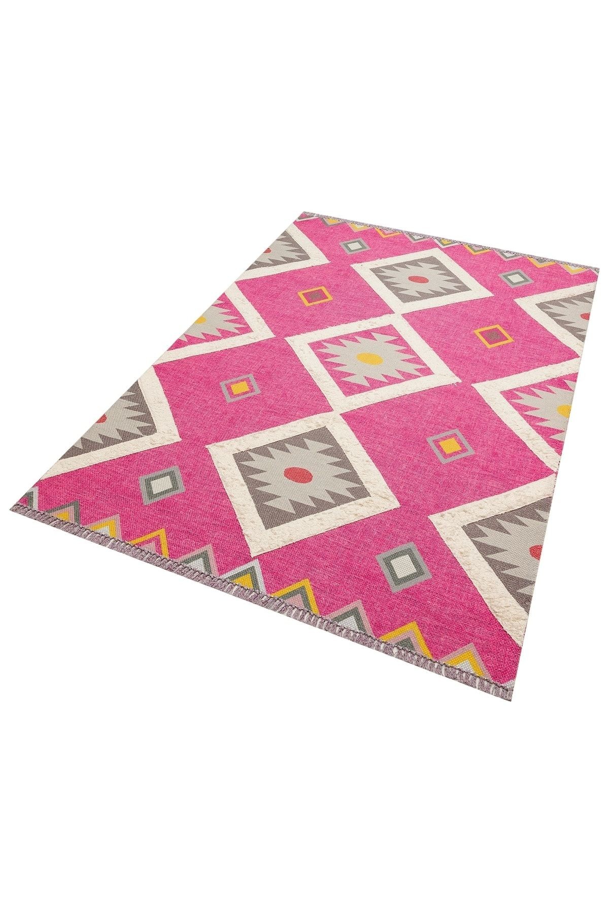 Rustik 4021 Fuşya Iskandinav Geometrik Kilim