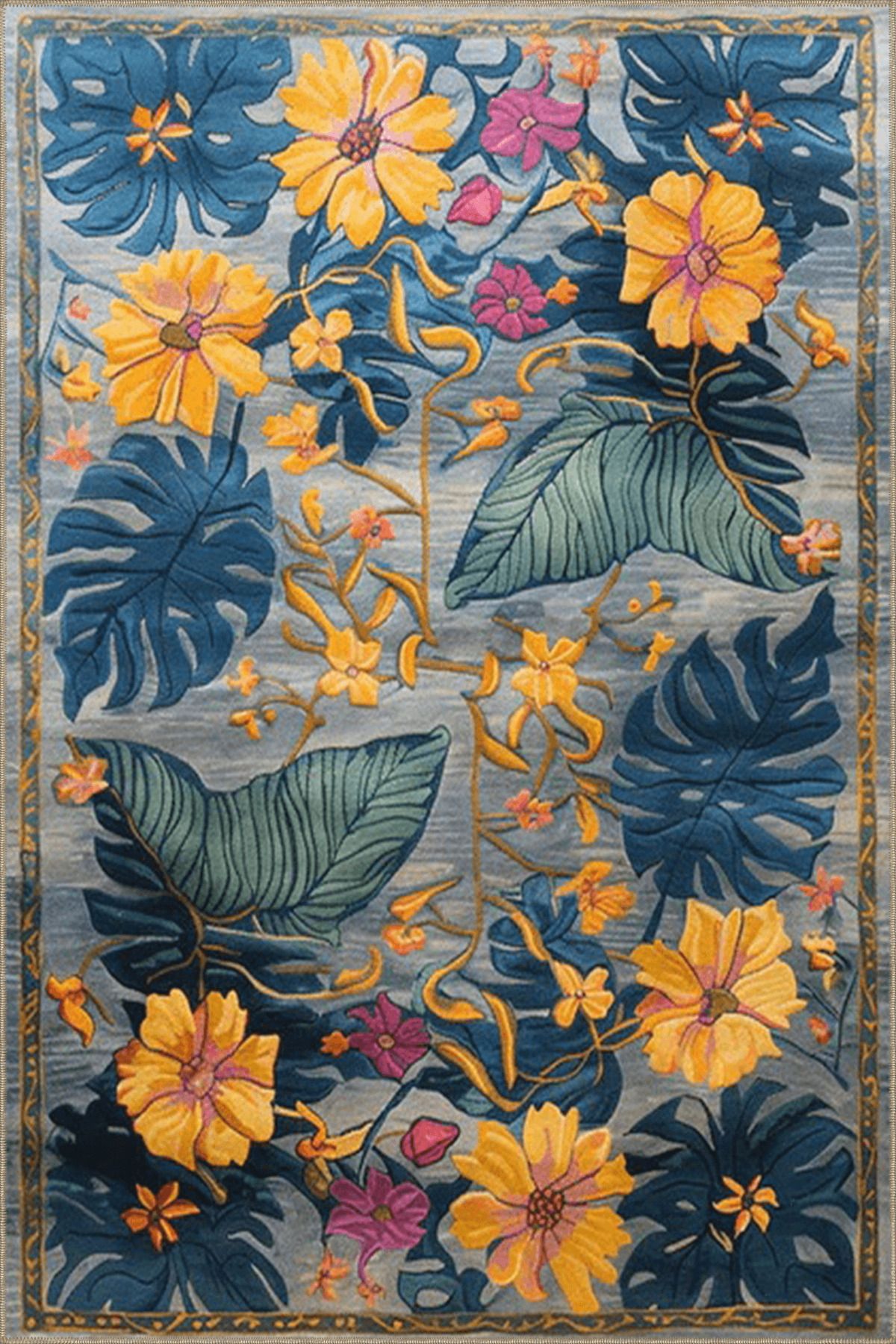 Paris Koleksiyonu Mavi ve Sarı Temalı Karma Çiçek Motifleri Desenli Modern Dekoratif Halı 137